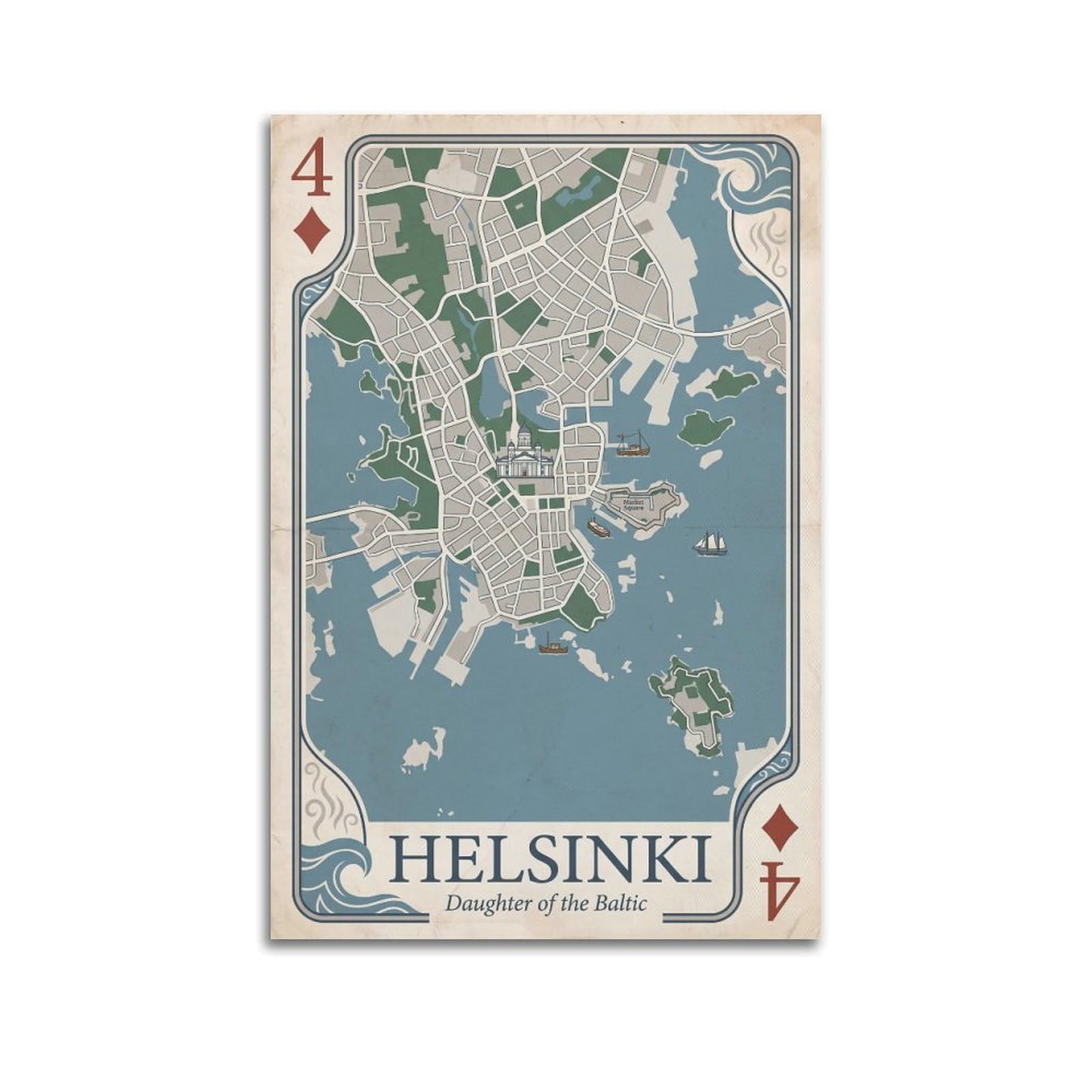 OKNGB Vintage City Map Poster Helsinki Baltic City Playing Card Style Decorative Painting Canvas Art Picture 20x30inch(50x75cm)
