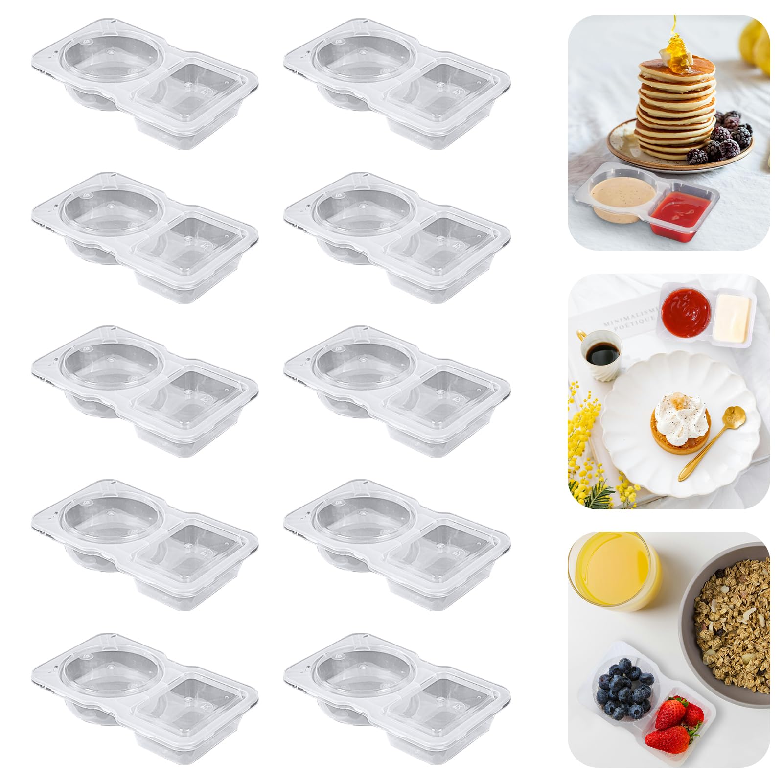 Comfugog Transparent 10Pcs 10Pcs Double Compartment Condiment Container With Lids, Mini Plastic Snack Containers,Bpa Free,Microwave Safe,Leakproof Food Storage, To Go Food Containers,Take Out Sauce Container