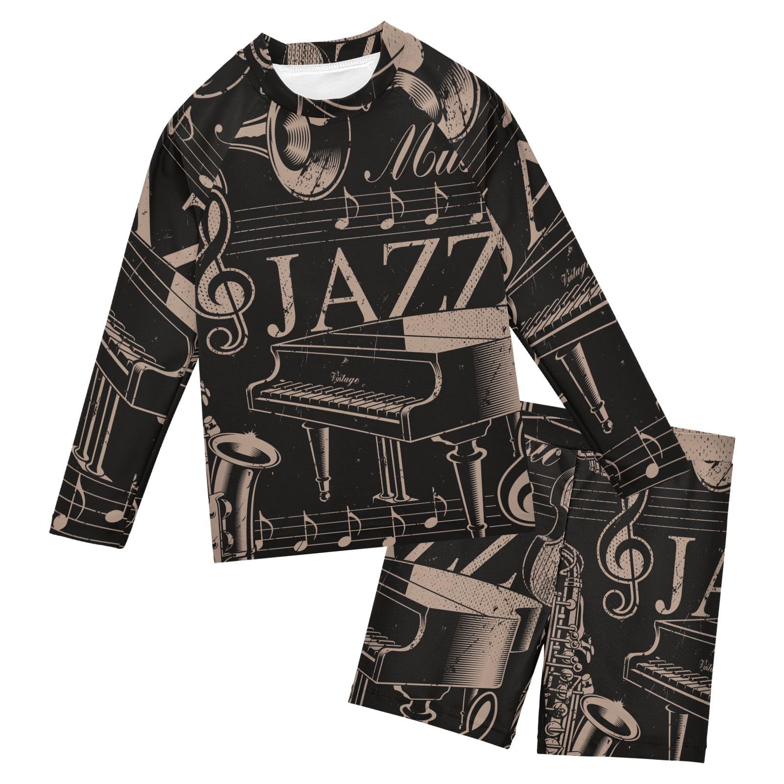 Aflyko Boys' Rash Guard Set Jazz Piano Music Note SPF 50+ Sun Protection Swimsuit Multicoloured