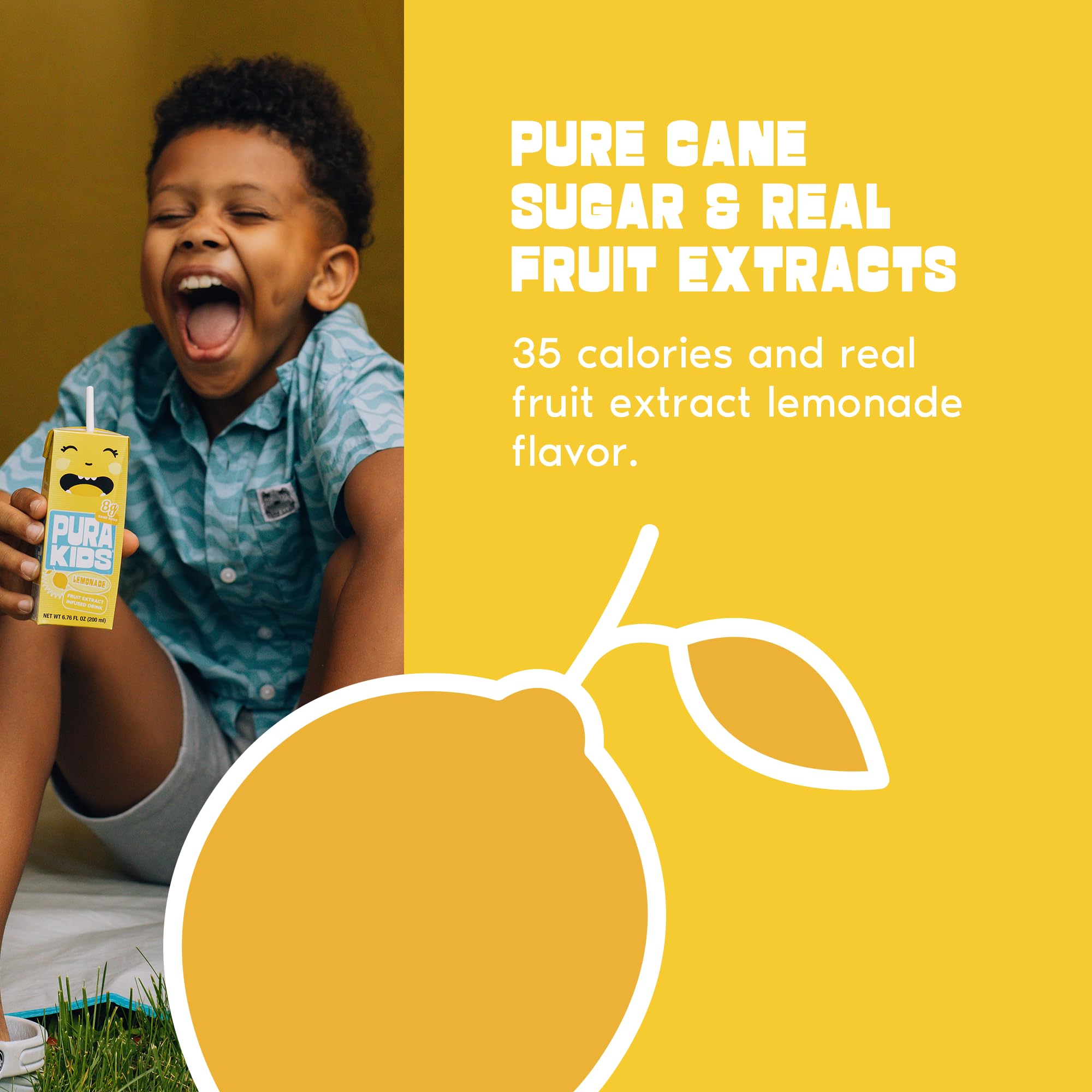 PURA Kids Box | Lemonade Fruit extract infused Drink for kids | 8g Pure Cane Sugar | Non-GMO | Vegan, No Artificial Sweeteners | Best Lunchbox Beverage with Paper Straw | 6.76 fl oz (200ml), Pack of 6