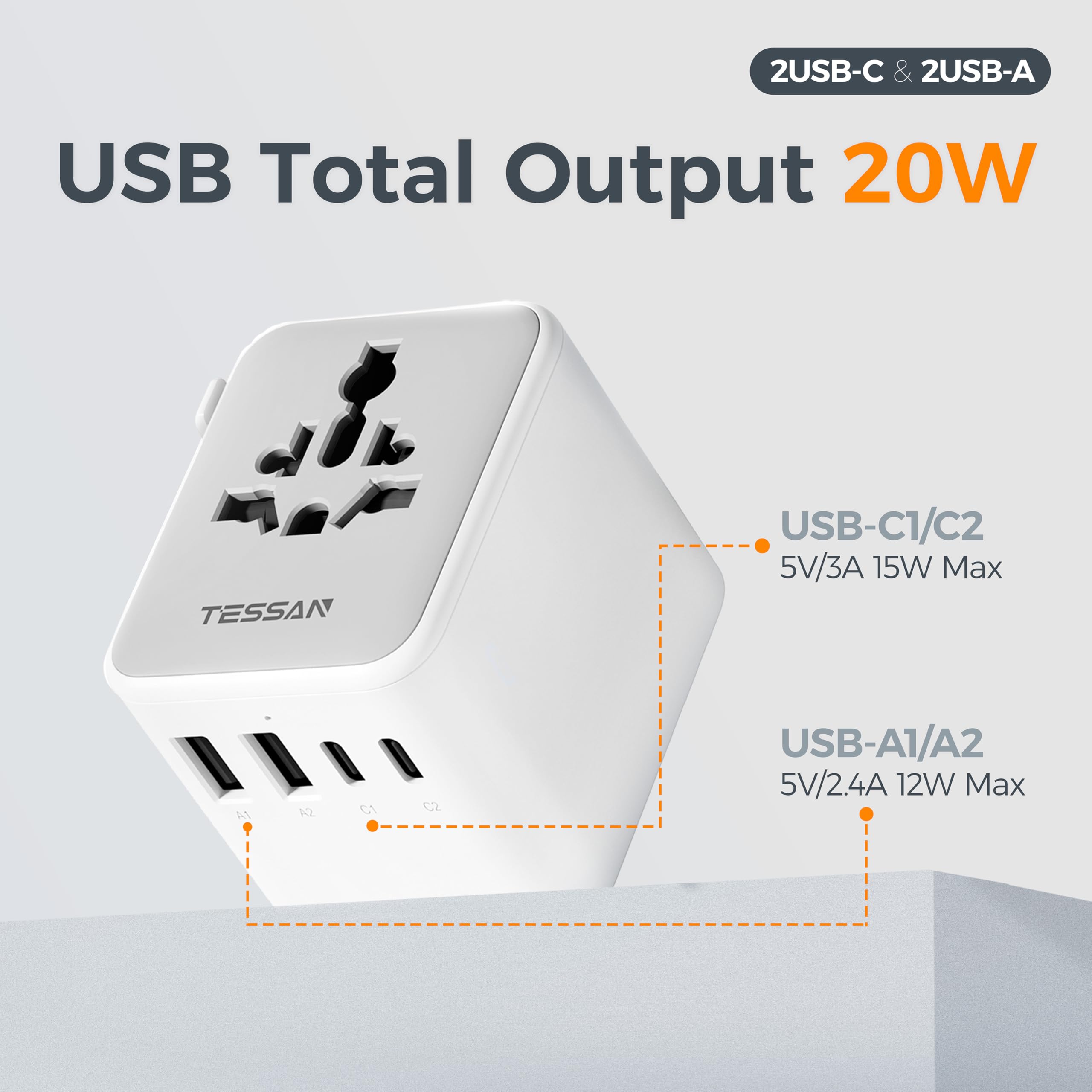 TESSAN Universal Travel Adapter International Power Adapter with 2 USB C 2 USB A Ports Travel Plug Adaptor — view 4