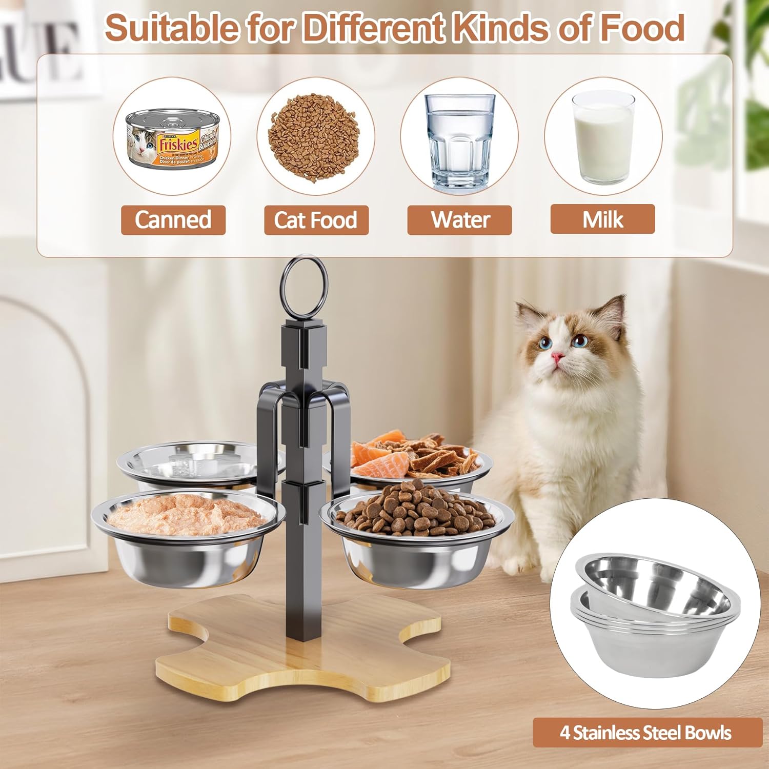 Elevated Cat Food Bowls, 3 Adjustable Heights Raised Cats Bowl for Indoor Cats Small Dogs with 4 Stainless Steel Bowls, Pet Food and Water Bowl