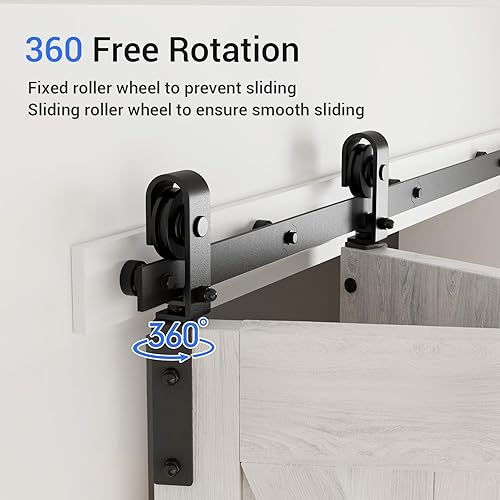 Miniatura 4 de CCJH Kit de herrajes para puerta corrediza de granero de 30 pulgadas para 2 puertas, se desliza suavemente silenciosamente, rodillo negro en forma