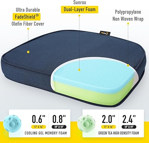 Miniatura 2 de SUNROX Cojín de espuma viscoelástica de gel con lazos, ultra duradero, resistente al agua, FadeShield para silla reversible para exteriores e