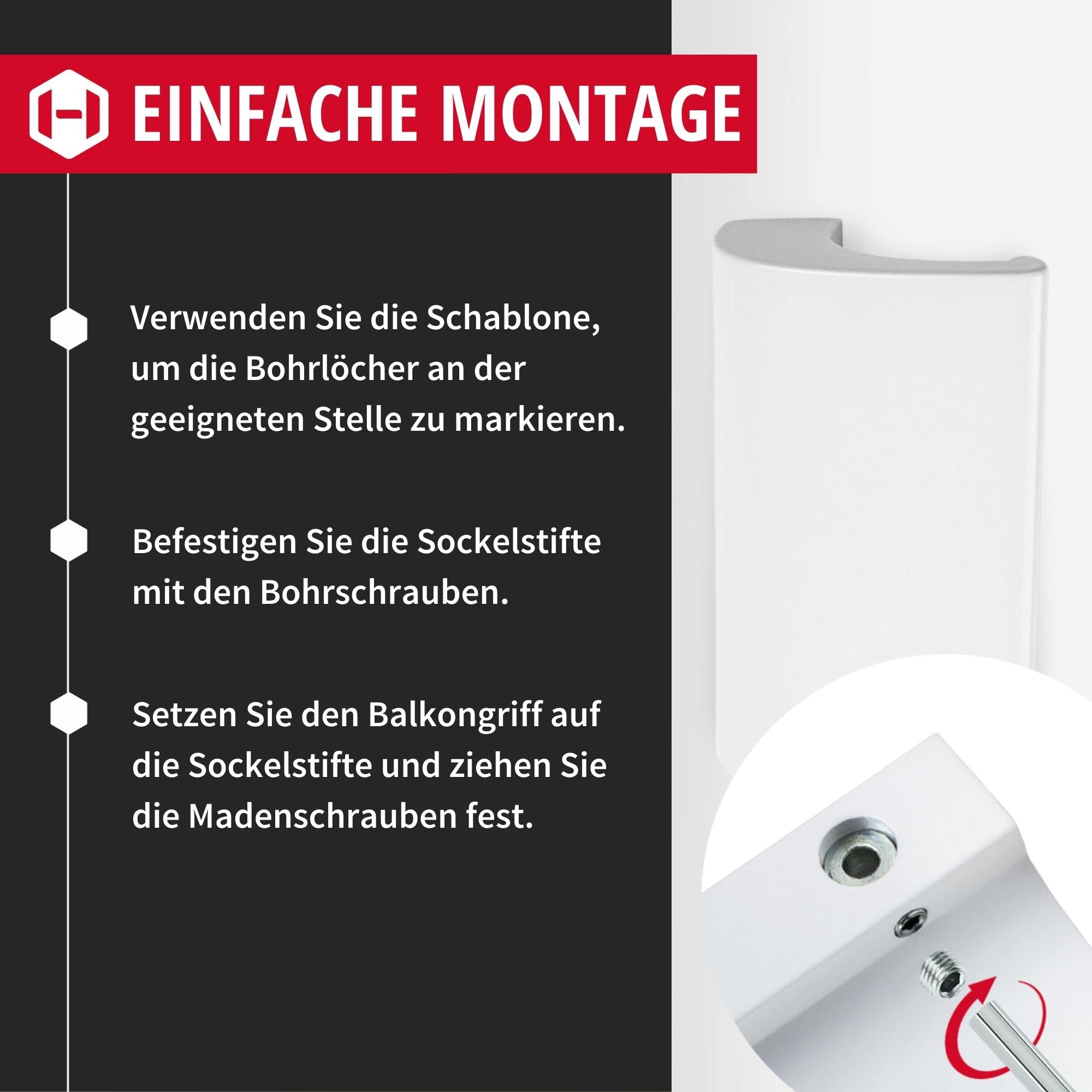 Gedotec DE-LUXE klamka do drzwi balkonowych, zewnętrzna, biała okucie drzwiowe, model DE-LUXE | aluminiowy uchwyt balkonowy do drzwi | długość 82 mm | wygięty uchwyt mocujący | 1 sztuka uchwytu na drzwi tarasowe ze śrubami