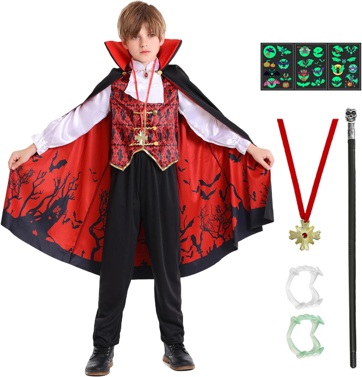 Kids Vampire Costume Boys Scary Halloween Costumes Toddler Royal Vampire Cosplay Outfit Cape with Accessories Kids Vampire Costume 9-10yrs