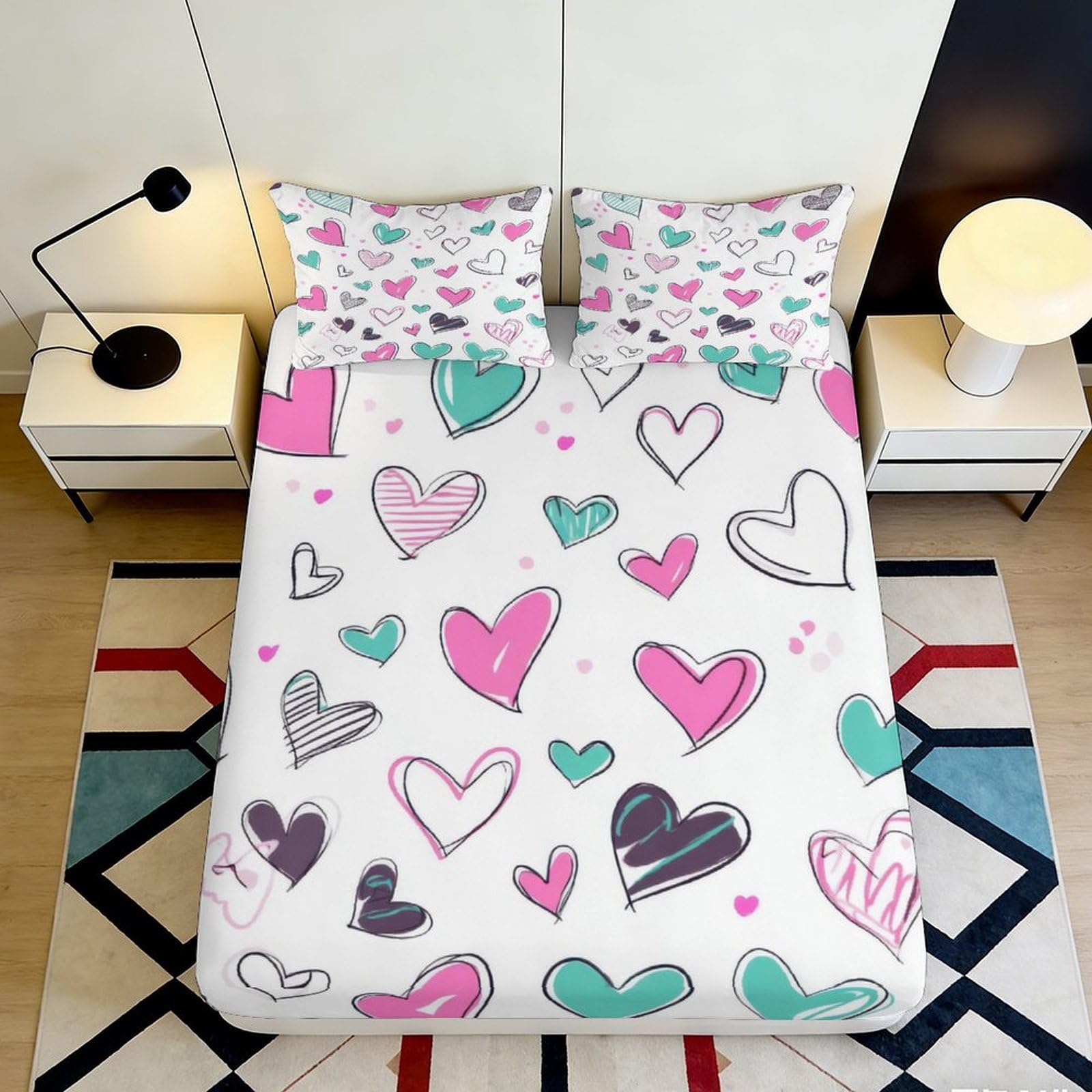 Pnayamiorkfel Style-5 3D Printed Colourful Doodle Hearts Fitted Sheet Microfiber Soft Bedroom Decor Artistic Love Mattress Cover 90X200x25cm