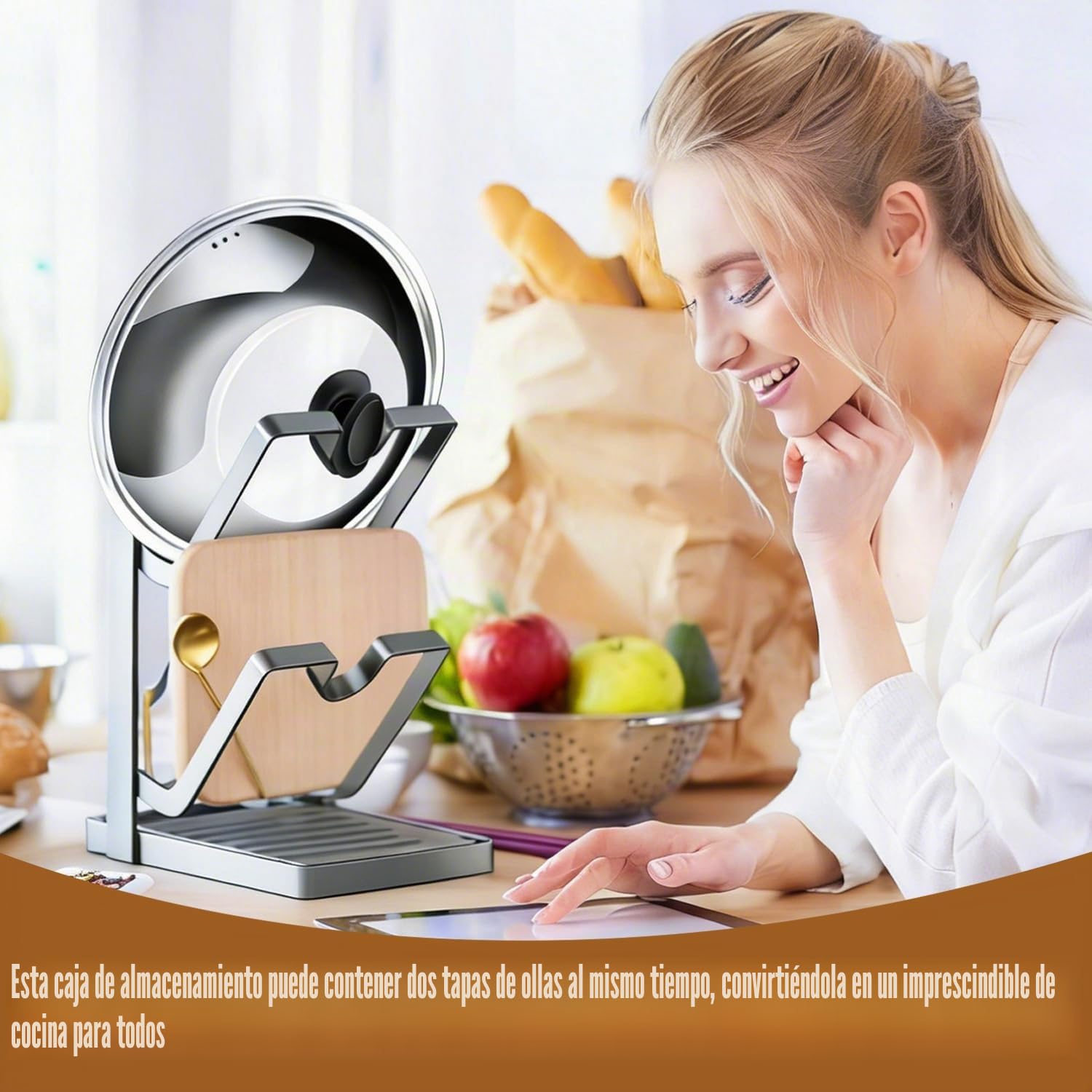 Organizador de tapa de olla con soporte, Organizador de tapa de olla con Bandeja Extraíble para Goteos, Soporte de tapa de olla de acero inoxidable de 2 capas, para cuchara para encimera de cocina