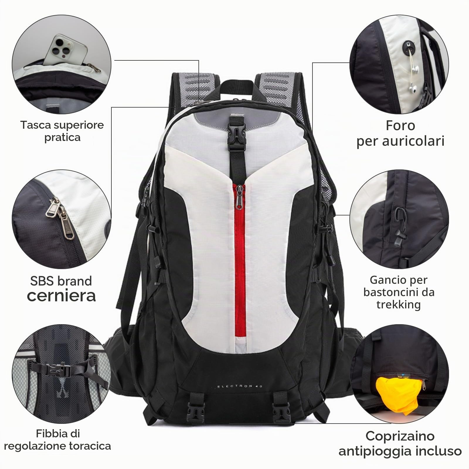 40L Zaino Trekking per Uomo Donna, Nero