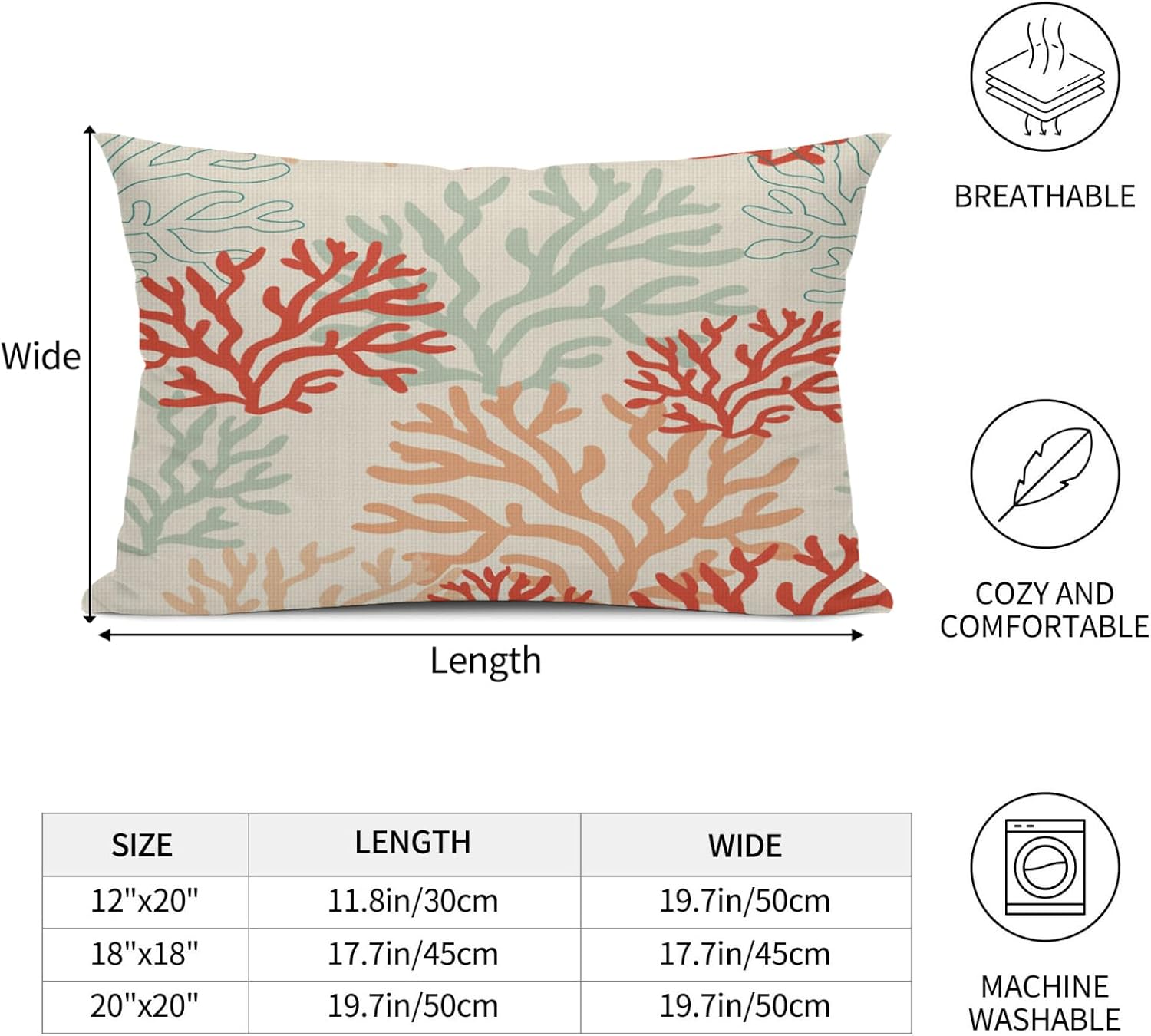 Red Orange and Mint Corals Lumbar Throw Pillow Covers 12x20 Set of 2 Tropical Nautical Decorative Pillow Covers Coastal Outdoors Pillowcase Cushion Case Home Decor for Sofa Couch Bed - Image 3