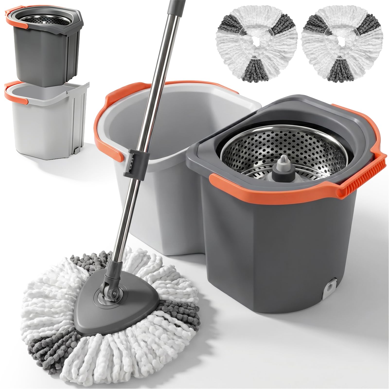 MASTERTOP Ensemble Balai Serpillère et Seau Essoreur - Eau Propre/Eau Sale | Essorage Par Pression, Manche Télescopique Réglable, Tête Rotative à 360° - 2 Housses Microfibres Lavables