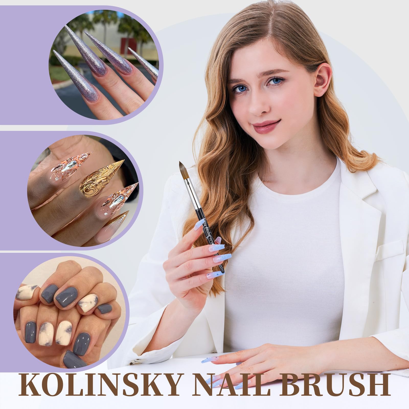 Pennello per nail art in acrilico, misura 20, 100% puro pelo Kolinsky ovale per applicazione acrilica, strumento professionale per extension per unghie, strumento per manicure, penna per disegno