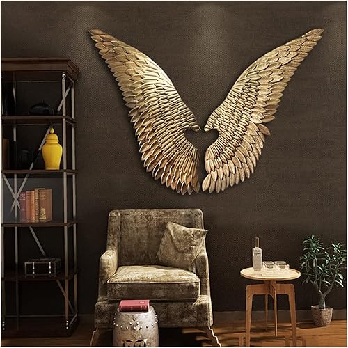 Decoración artística de pared con alas de metal 3D, decoración de pared con luces LED, escultura artística dorada antigua para colgar en la pared