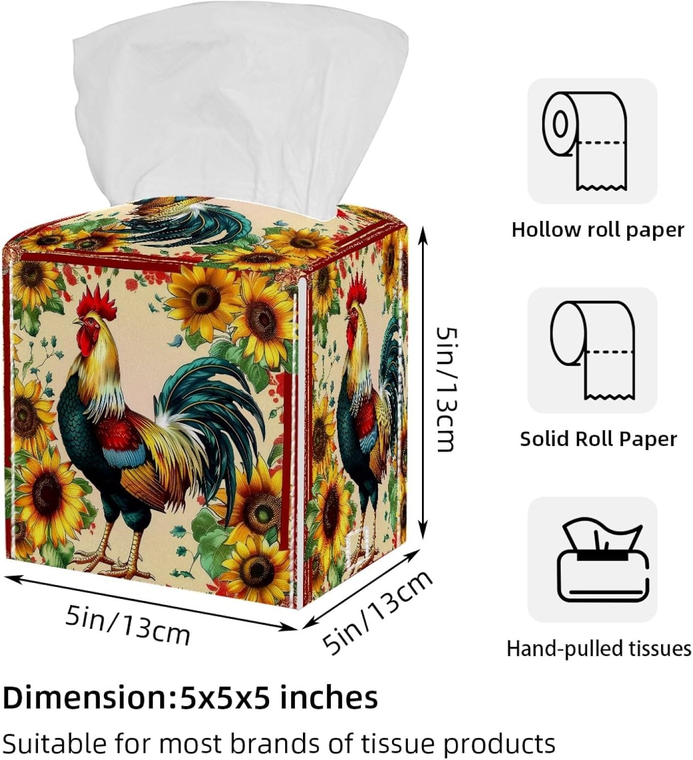 Rooster Sunflowers Tissue Box Cover Square Leather Tissue Case Holder Facial Paper Organizer Decorative for Tabletop Night Stands Desk Bathroom Kitchen Car Office Home Decor
