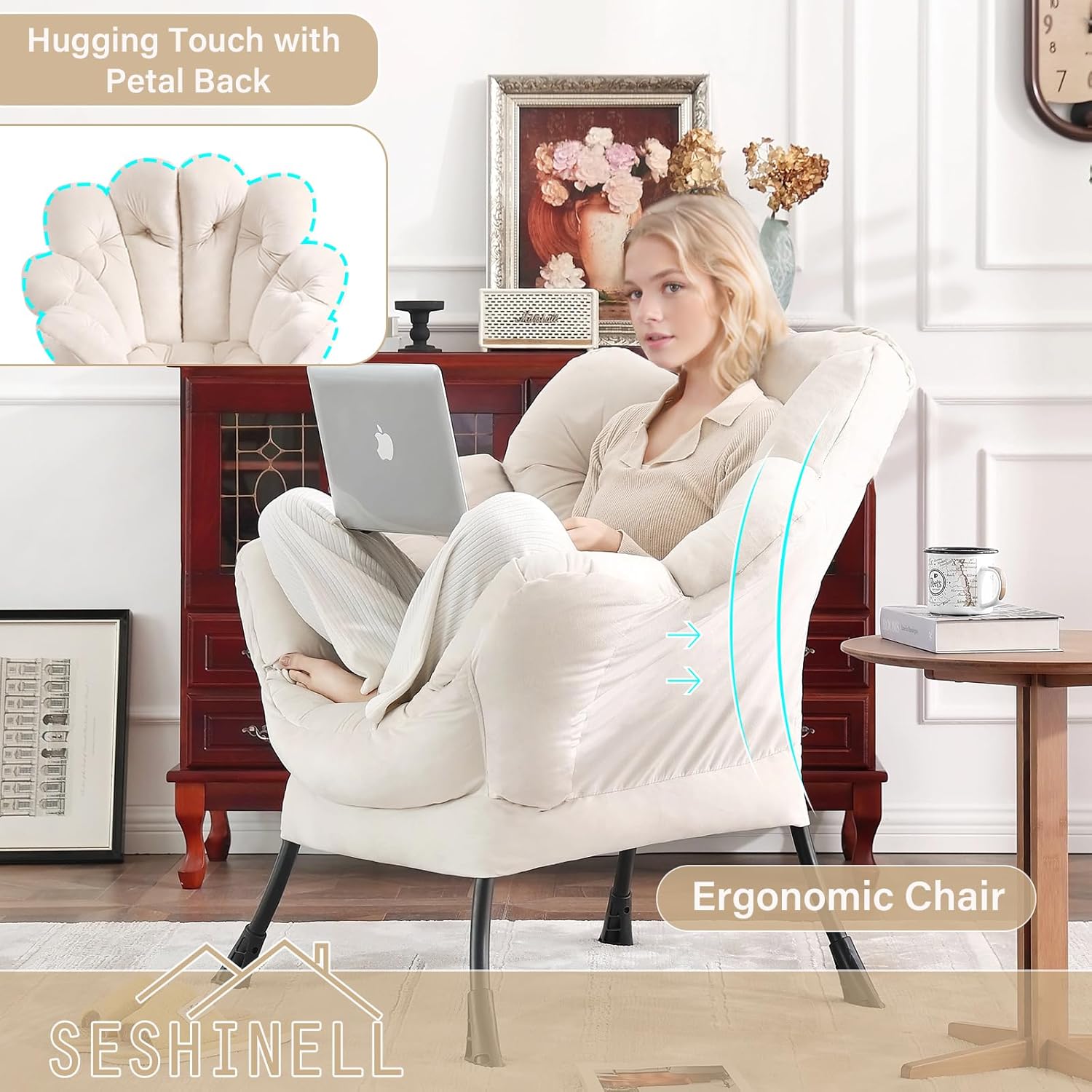 2025 Lazy Chair with Ottoman, Cozy Butterfly Reading Chair Mid-Century Lounge Accent Chair with Footrest for Small Space Living Room, Bedroom, Office & Dorm Room, Velvet Beige