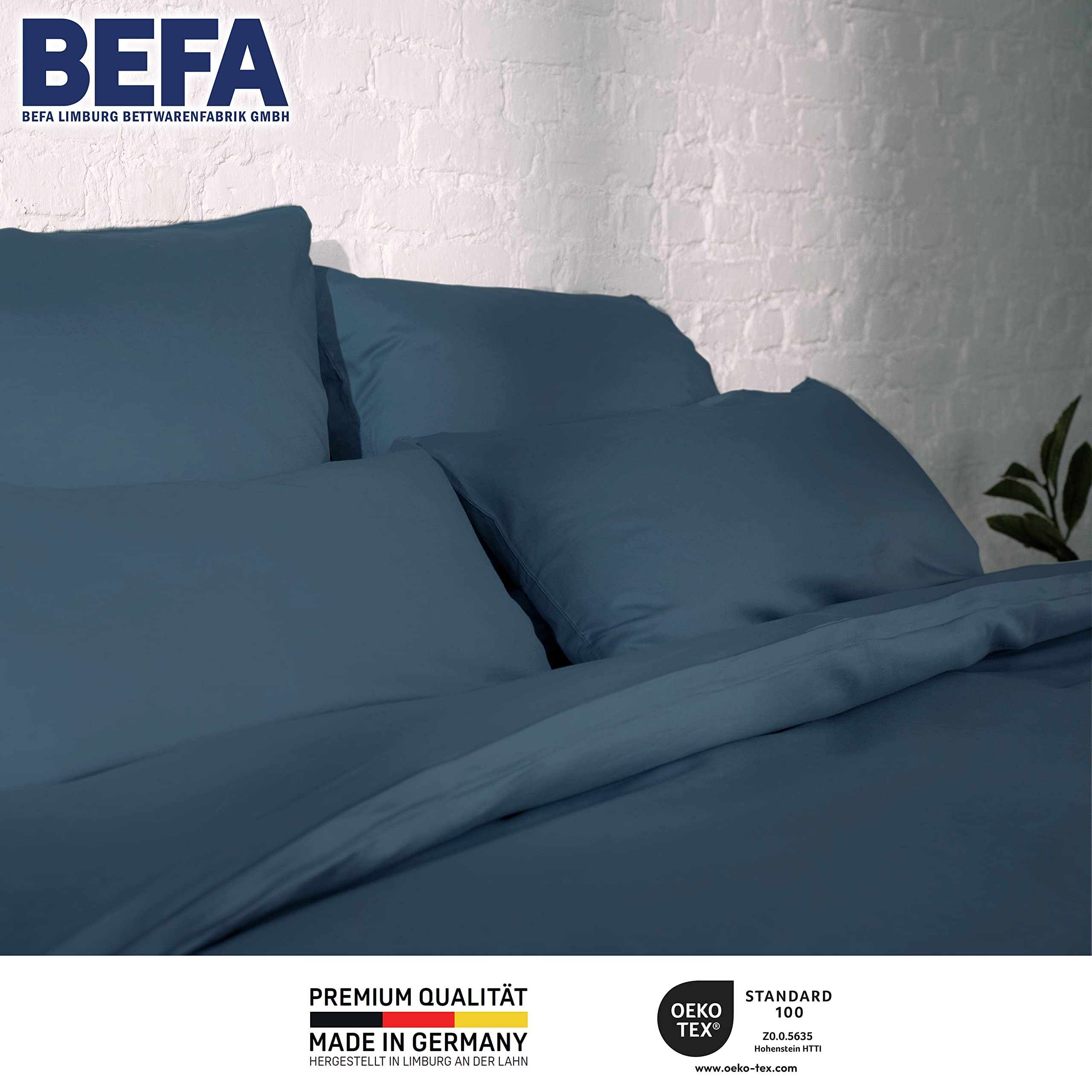 BEFA NATUR Made in Germany Bettwäsche Set, Bettbezug 155x220 cm und Kissenbezug 80x80 cm aus Baumwolle-Satin, Allergiker geeignet, Öko-Text 100 Klasse 1 Zertifiziert - Dunkelblau