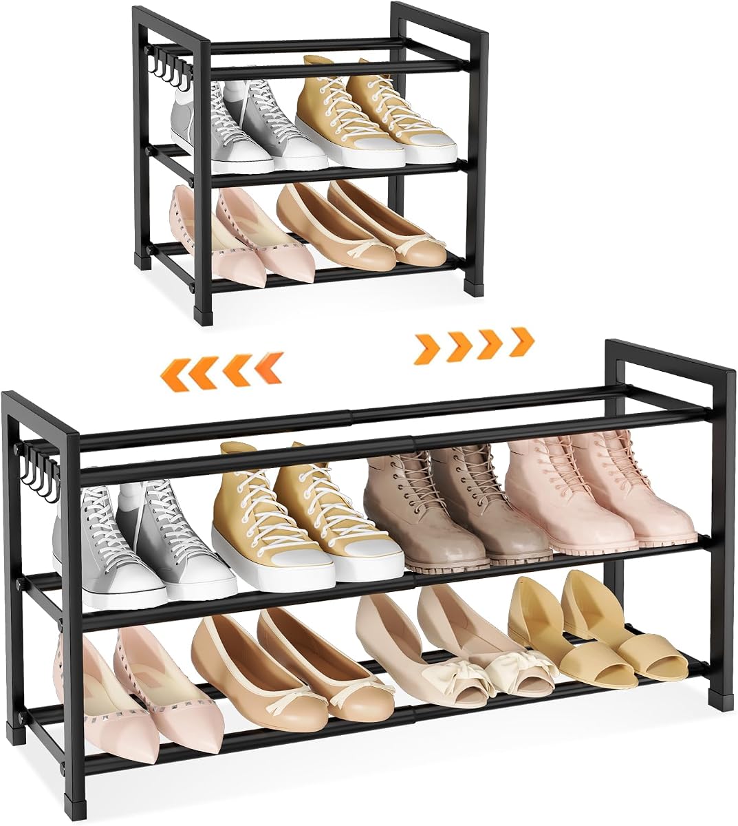 3-Tier Expandable Shoe Rack for Closet, Adjustable 18"-33" Metal Shoe Organizer for 12 Pairs, Shoe Shelf for Small Spaces, Entryway, Bedroom with 5 Hooks