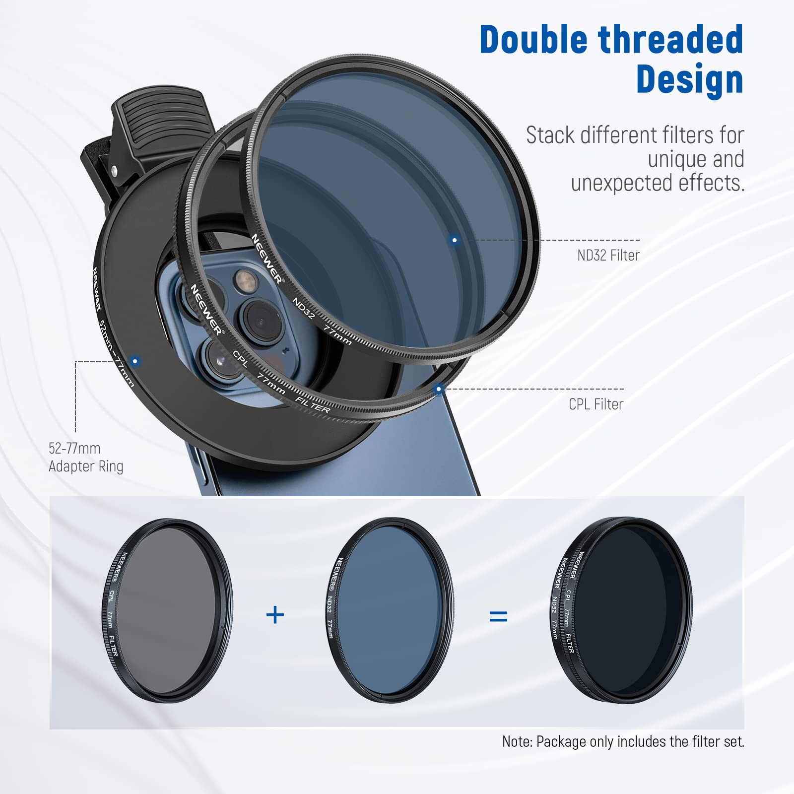 NEEWER 77mm Objektivfilter Set mit Handy Objektivclip, CPL + ND32 + Stern + 4 abgestufte Farbfilter Kompatibel mit iPhone 17, 16, 16e, 15, 14 Pro Max, Canon, Nikon und Sony Kameras