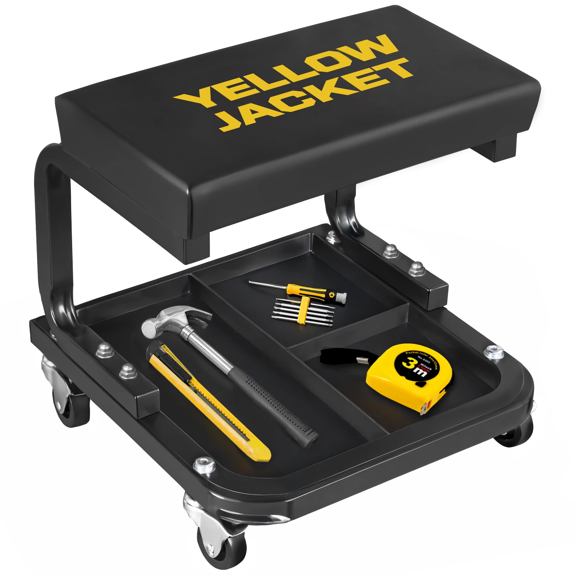 YELLOW JACKET Mechanic Rolling Stool 250 Lbs Capacity, Garage Stool on Wheels with Tool Tray Storage, Work Stools with Wheels for Garage, Shop,
