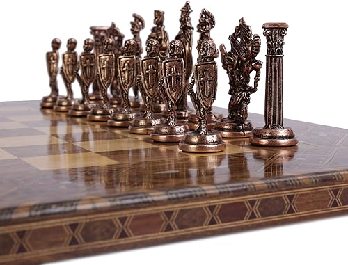 Miniatura 3 de Juego de ajedrez medieval de metal de cobre antiguo del ejército británico para adultos, piezas hechas a mano y tablero de ajedrez de madera maciza