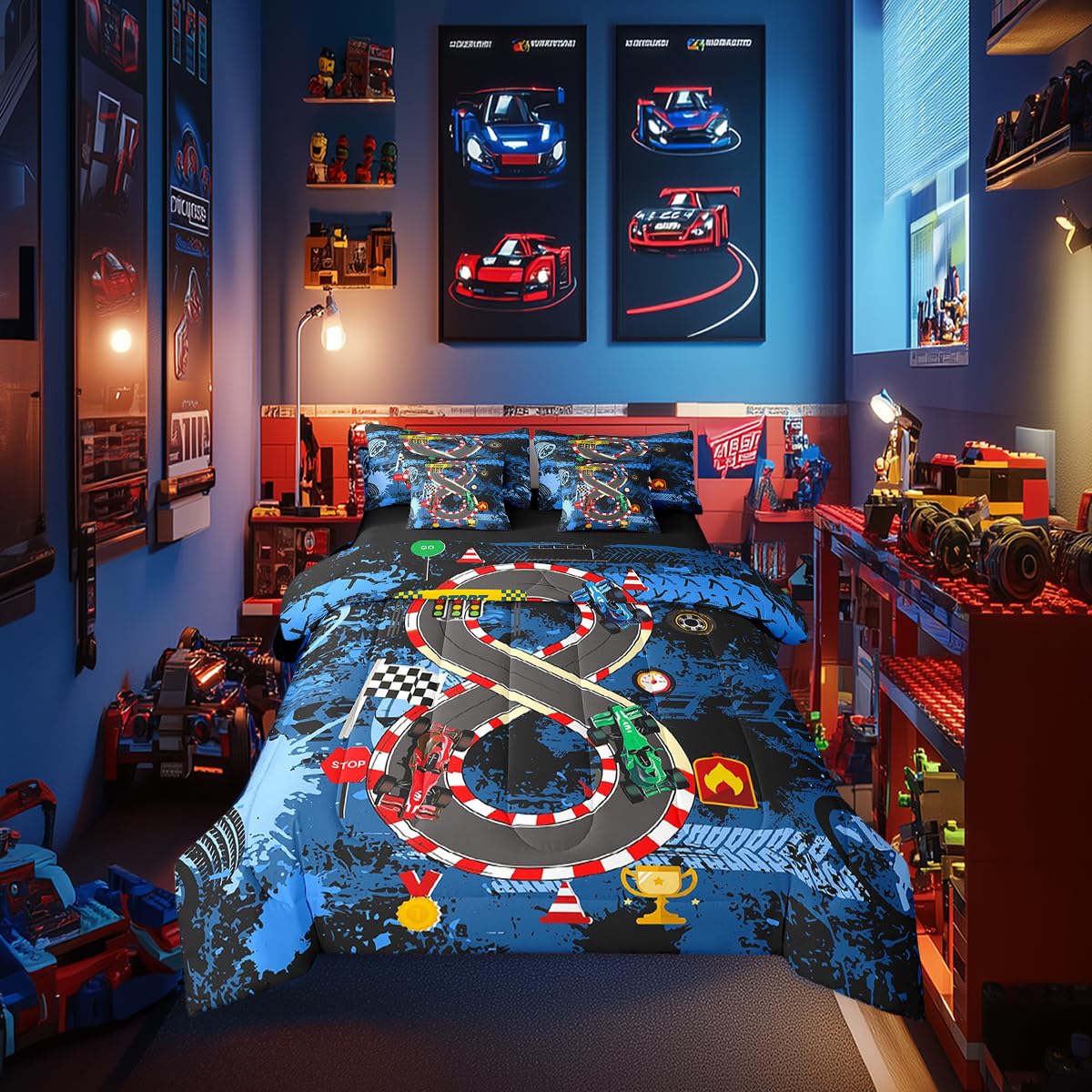 Racing Boys Comforter Set 7 Pieces,Race Car 3D Racing Track Bed Set,Abstract Tie-Dyed Wheel Print Bedding Bed in a Bag,Twin (1 Comforter,2 Pillowcase,