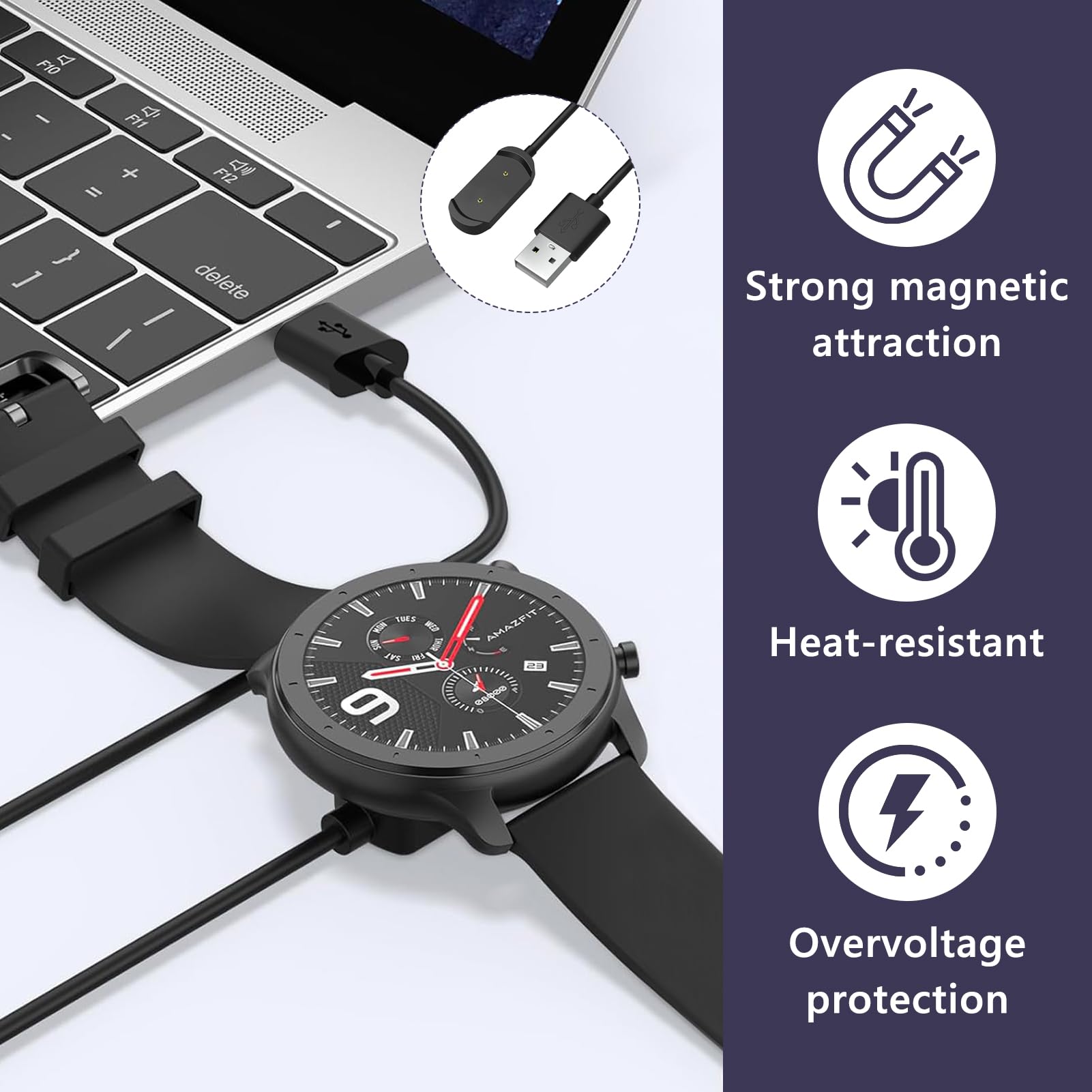 2 x ładowarka magnetyczna kompatybilna z Amazfit GTR Amazfit GTS Amazfit T-Rex, ładowanie USB 100 cm, kabel do szybkiego ładowania i ochrona przed przepięciem, akcesoria do smartwatcha