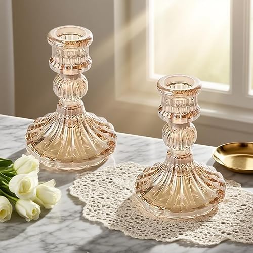 Miniatura 7 de Portavelas cónicos, 2 unidades, portavelas de cristal para uso en mesa de comedor, centros de mesa, estilo a rayas ámbar, 4.1 x 3.1 x 0.8 pulgadas