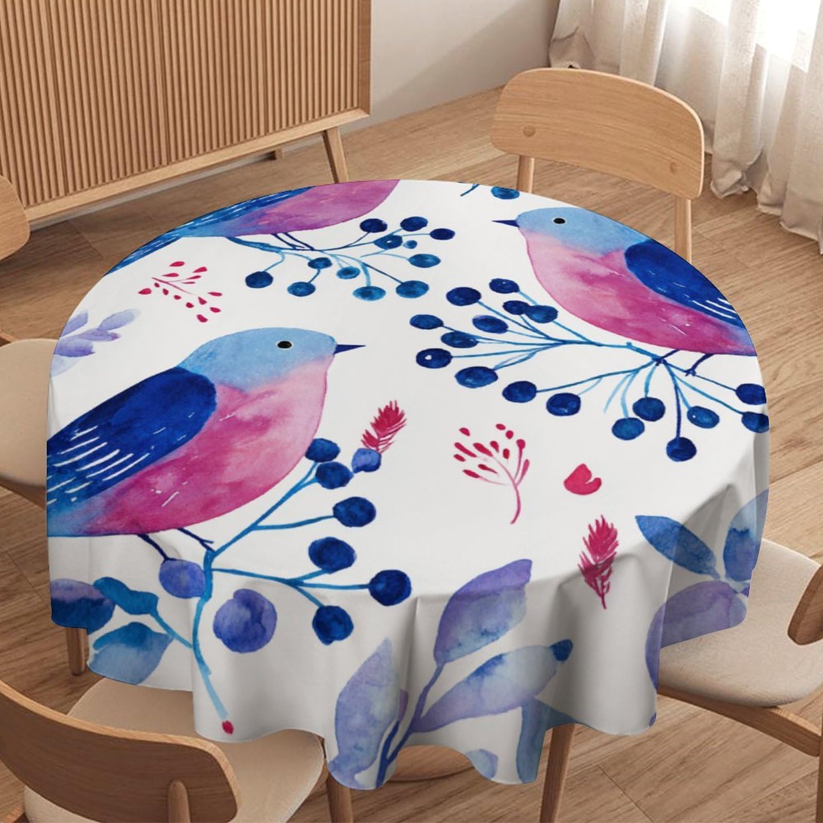 LUYYSKY Cute Realistic Blue Birds Round Tablecloth Rustic Oil Painting Japanese Botanical Fruit Blueberries Animals Bird Washable Decor for Table Cover for Kitchen-127 Wx127 L cm