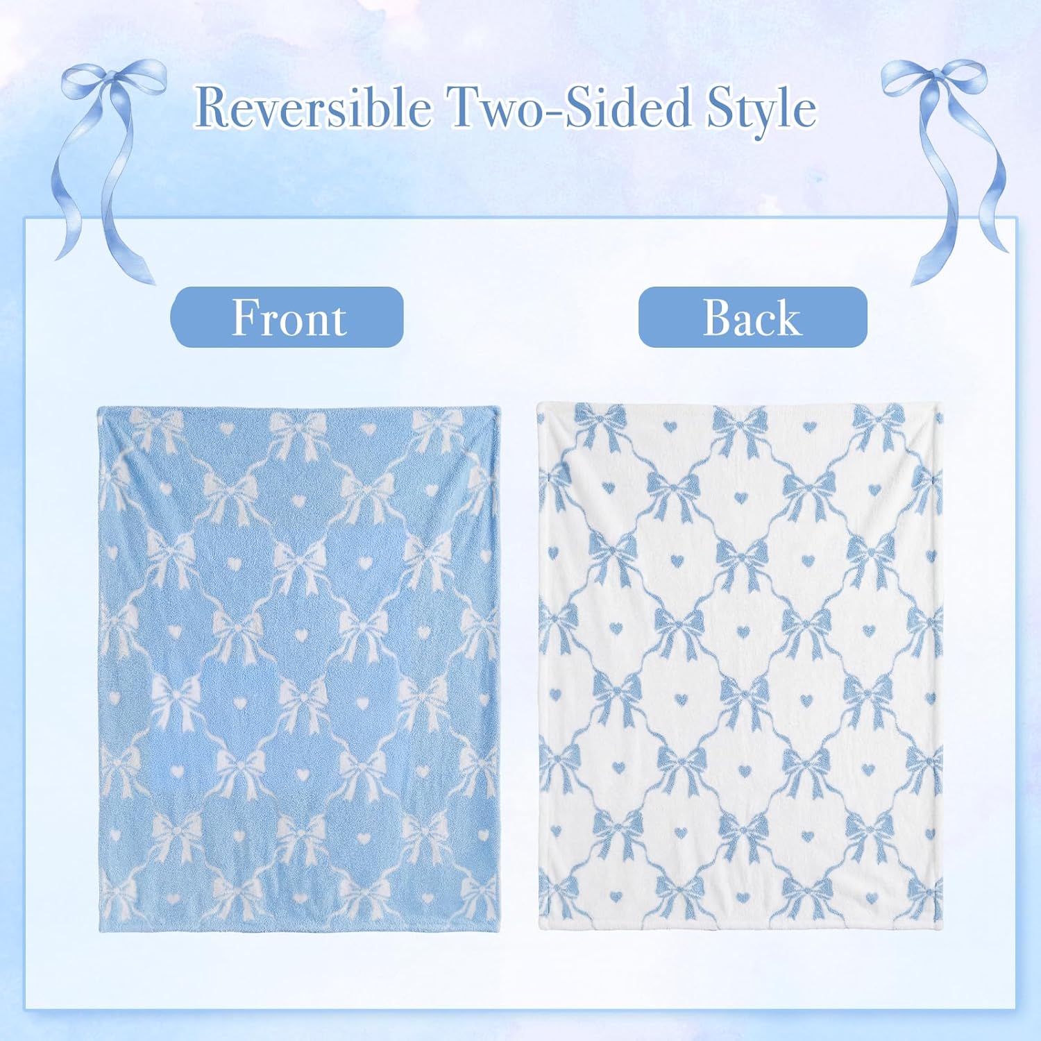 Wink Deer Blue Bow Throw Blanket - Soft Heart Throw for Women Girls Teens Kids as Gifts Cozy Fuzzy Diamond Pattern Reversible Home Decor Blankets for Couch Sofa Bed Camping 50"x60"