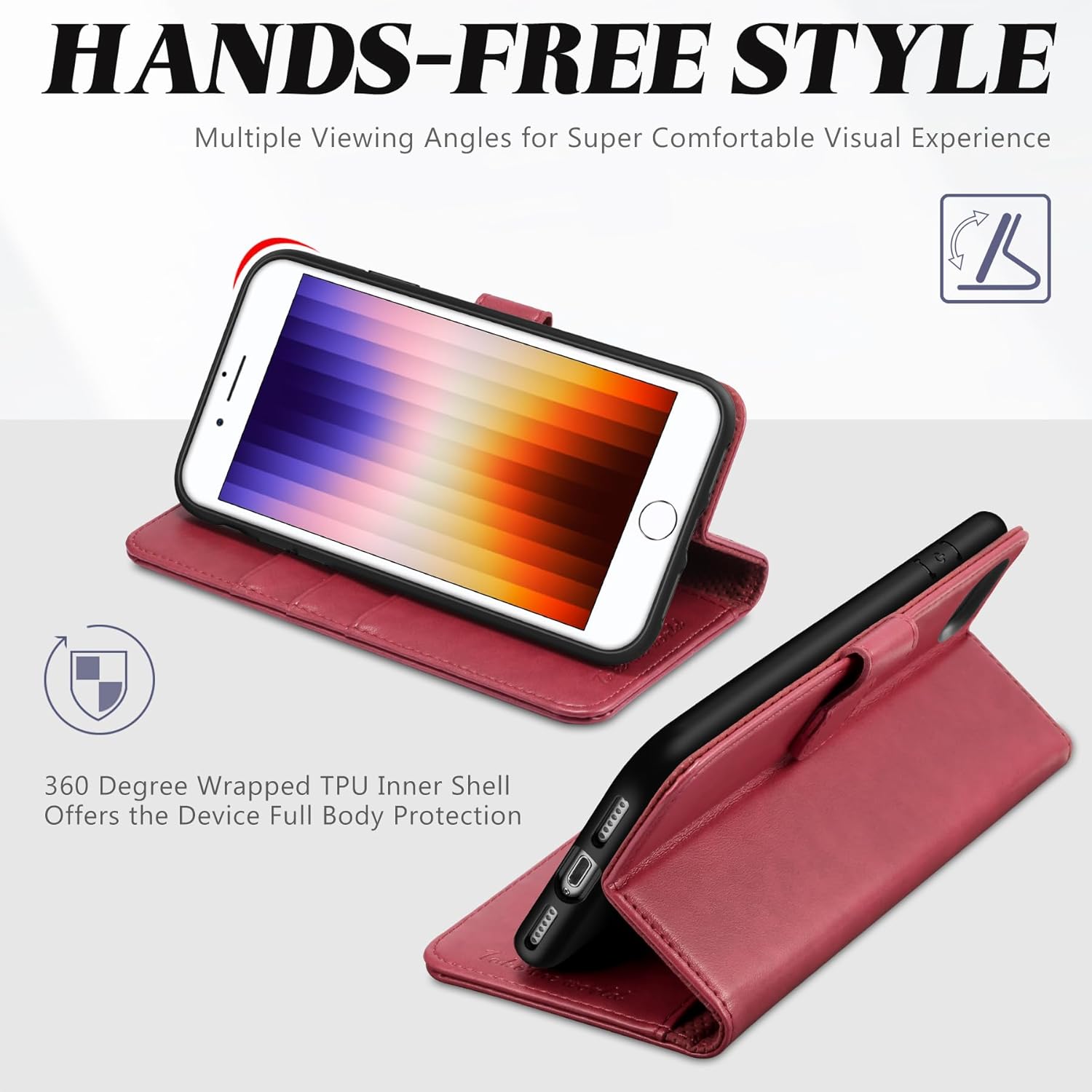 TUCCH Wallet Case for iPhone SE 2022/SE 2020/iPhone 8/7, PU Leather Folio Stand Card Slot Magnetic Closure Flip Cover [TPU Interior Case] Compatible with iPhone SE3/SE2/8/7, Dark Red