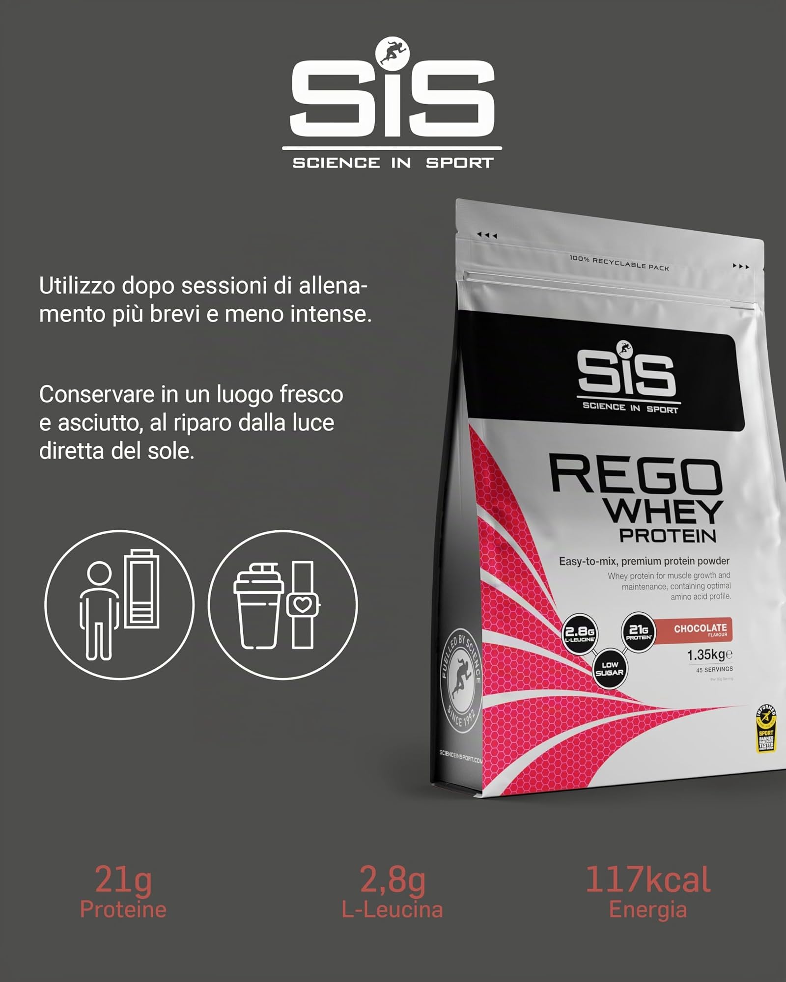 Science in Sport Rego Whey Protein 1,35kg Cioccolato - Drink di recupero in polvere con carboidrati, proteine in polvere, elettroliti, vitamine e minerali, Favorisce un allenamento efficace, 100% whey