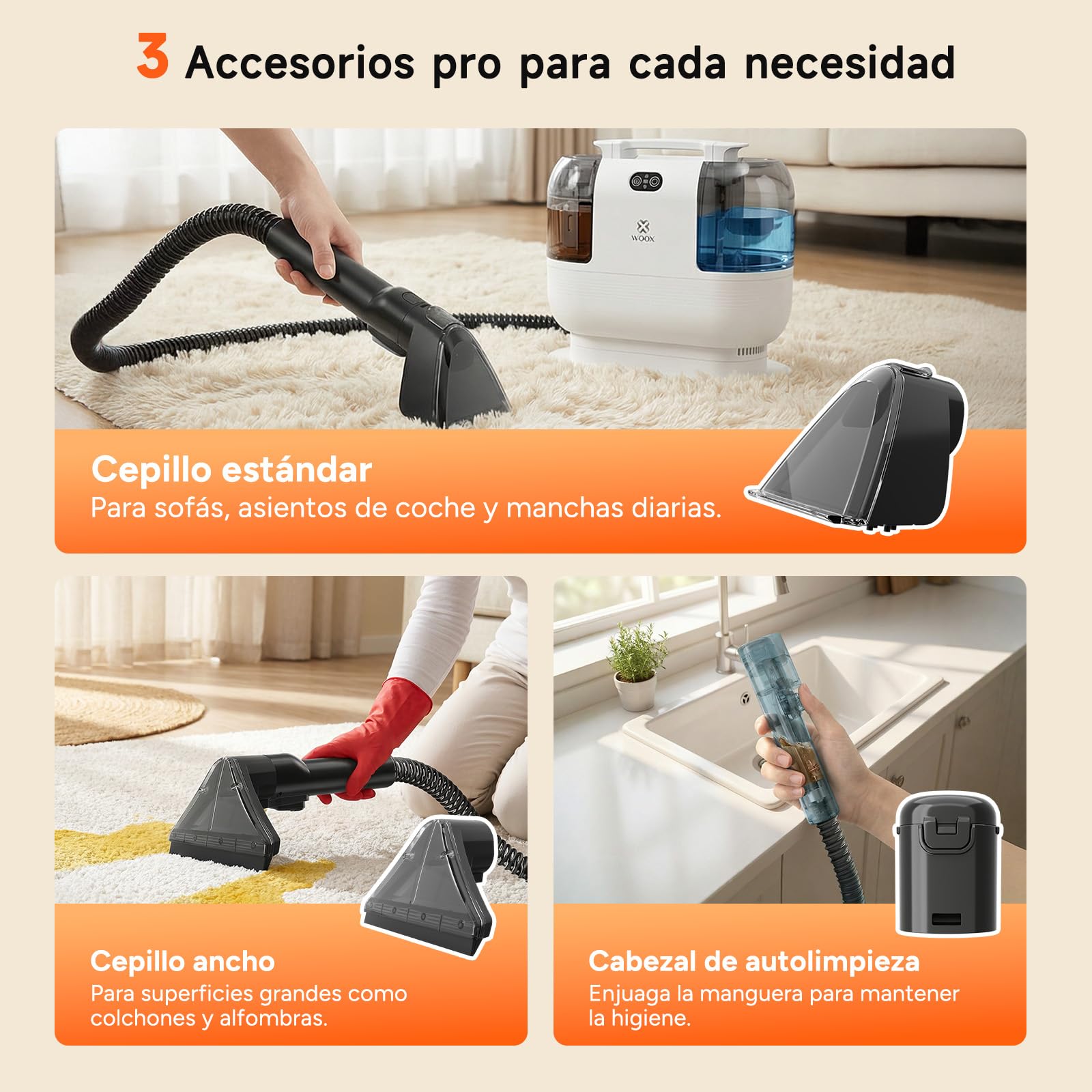 WOOX Lavatappeti e Divani Lava e Asciuga, Lavatappezzeria a Vapore e Espira 15Kpa ad alta potenza con accessori esclusivi Pulitore a vapore 2 in 1 per tessuti, auto, macchie, casa
