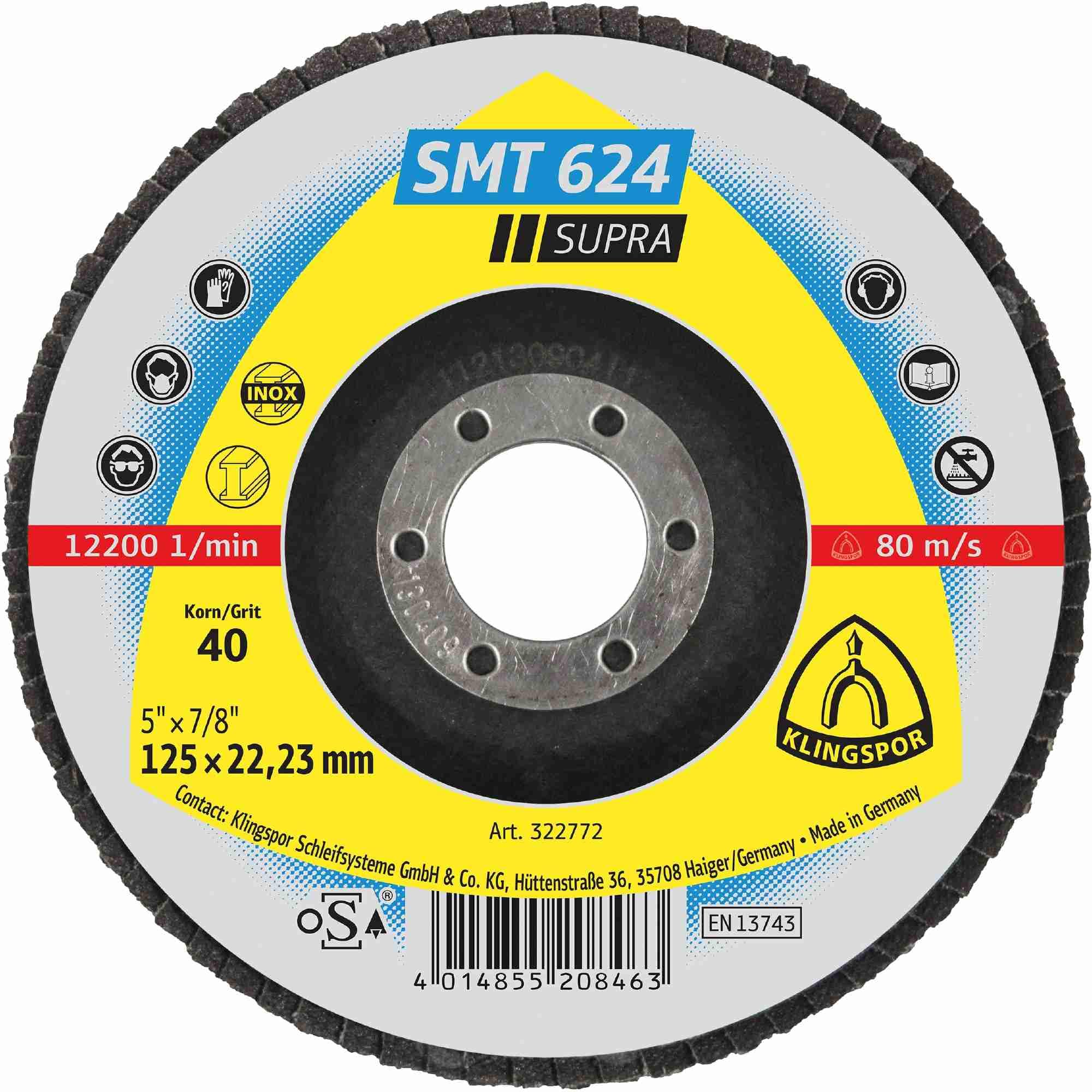10 x Klingspor SMT 624 Schleifmopteller, 125 x 22,23 mm Korn 40 gewölbt Art.: 322772
