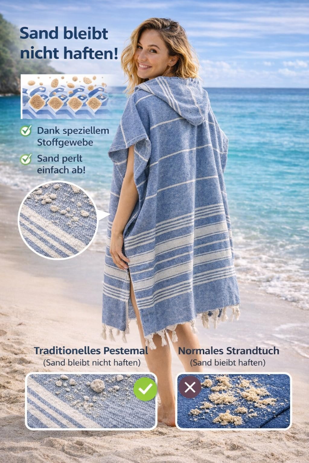 ELY PARKER Poncho de plage pour femme - 100 % coton - Serviette de plage et robe de plage - Poncho de bain Pestemal avec capuche - Léger et séchage rapide pour sauna, plage et piscine - Bleu