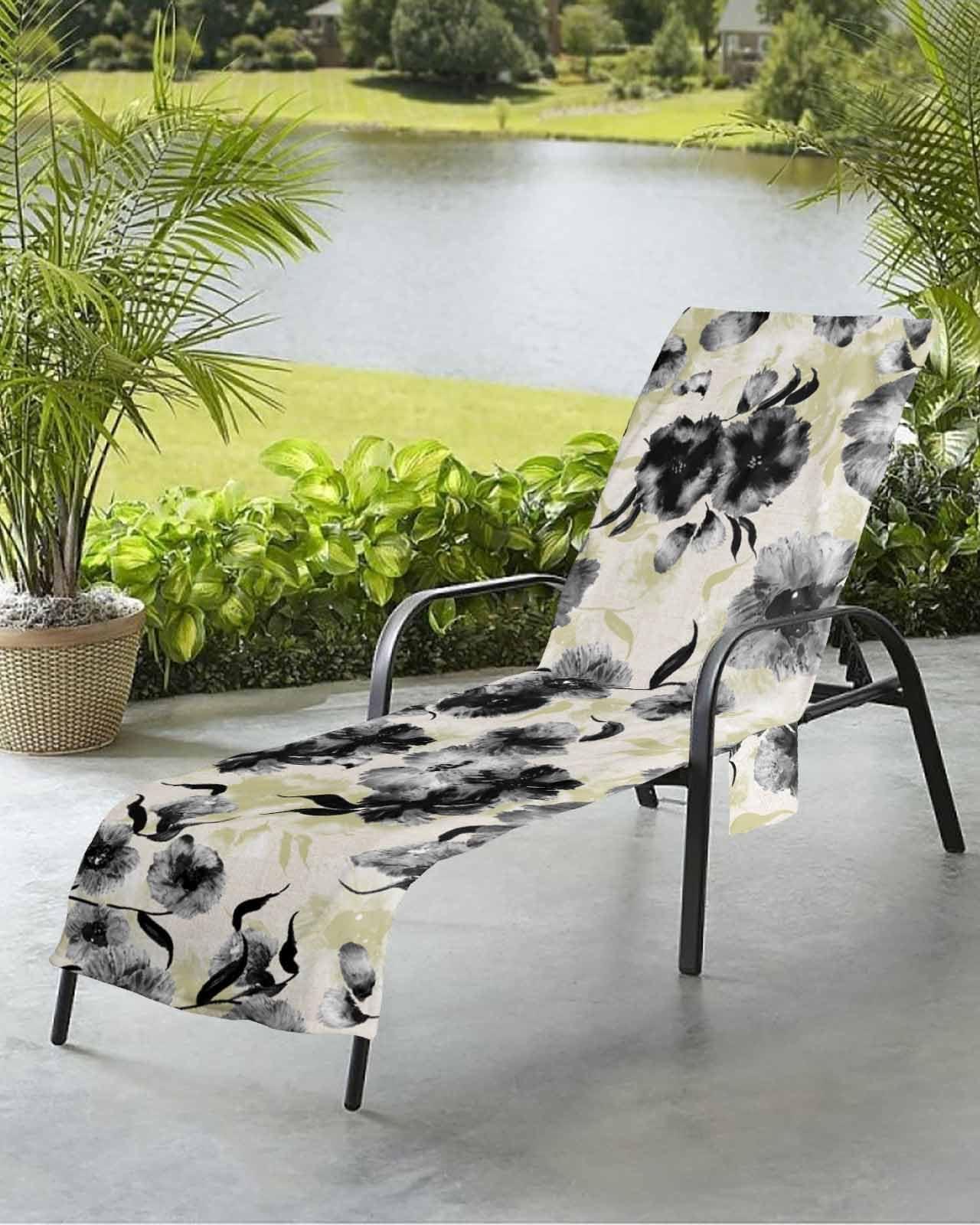 Farmhouse Flower Beach Chair Towel Covers for Chaise Lounge with Side Pocket, Soft Plush Pool Towels Cover for Patio Sunbathing Outdoor 29''x85'' Yellow Black Pastoral Flower Leaves