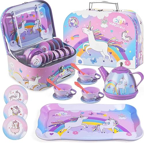 Juego de fiesta de té de unicornio de 19 piezas, regalo de cumpleaños para niñas de 3 a 6 años, juguete de cocina de princesa con juego de té de lata