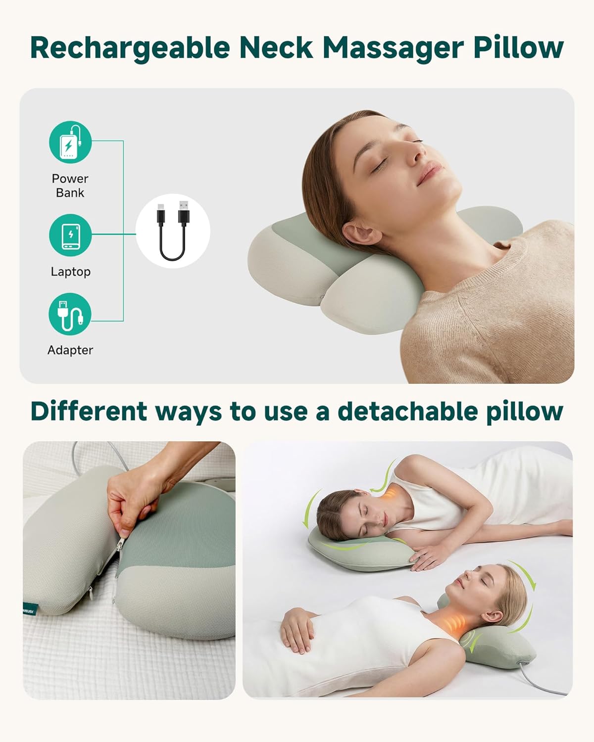 Neck Massager with Heat, Cordless Rechargeable Neck Traction Massage Pillow with Air Compression, Neck Stretcher Pillow with 3 Modes, Digital Display Remote, Ergonomic Cervical Support for Home Office