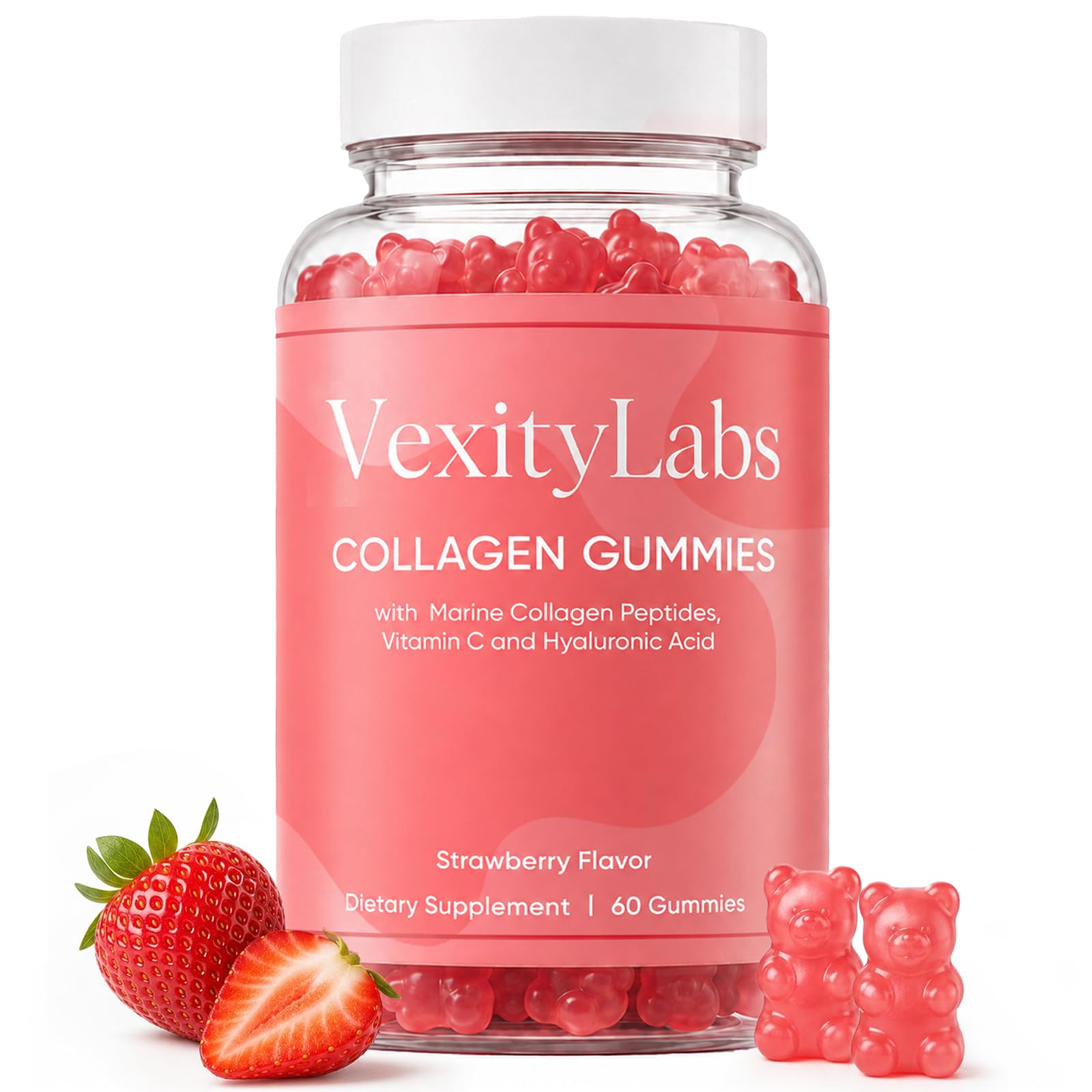 Vexity Labs Collagen Gummies, Collagen Gummies for Women & Men, with Marine Collagen Peptides, Vitamin C and Hyaluronic Acid, for Daily Skin, and Daily Wellness, Strawberry Flavor, 60 Gummies