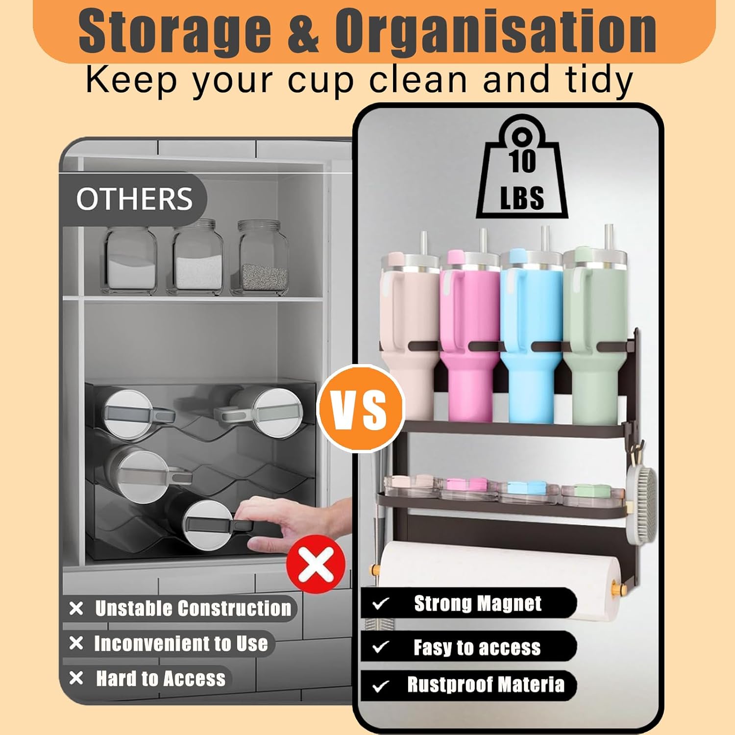 Magnetic Stanley Cup Holder for Fridge, Triple Folding 4 Cup Stanley Cup Holder Magnetic, Magnetic Water Bottle Holder with 2 Strong Double Sided Tape, Magnetic Cup Holder with Hook Fits 40 oz Mugs