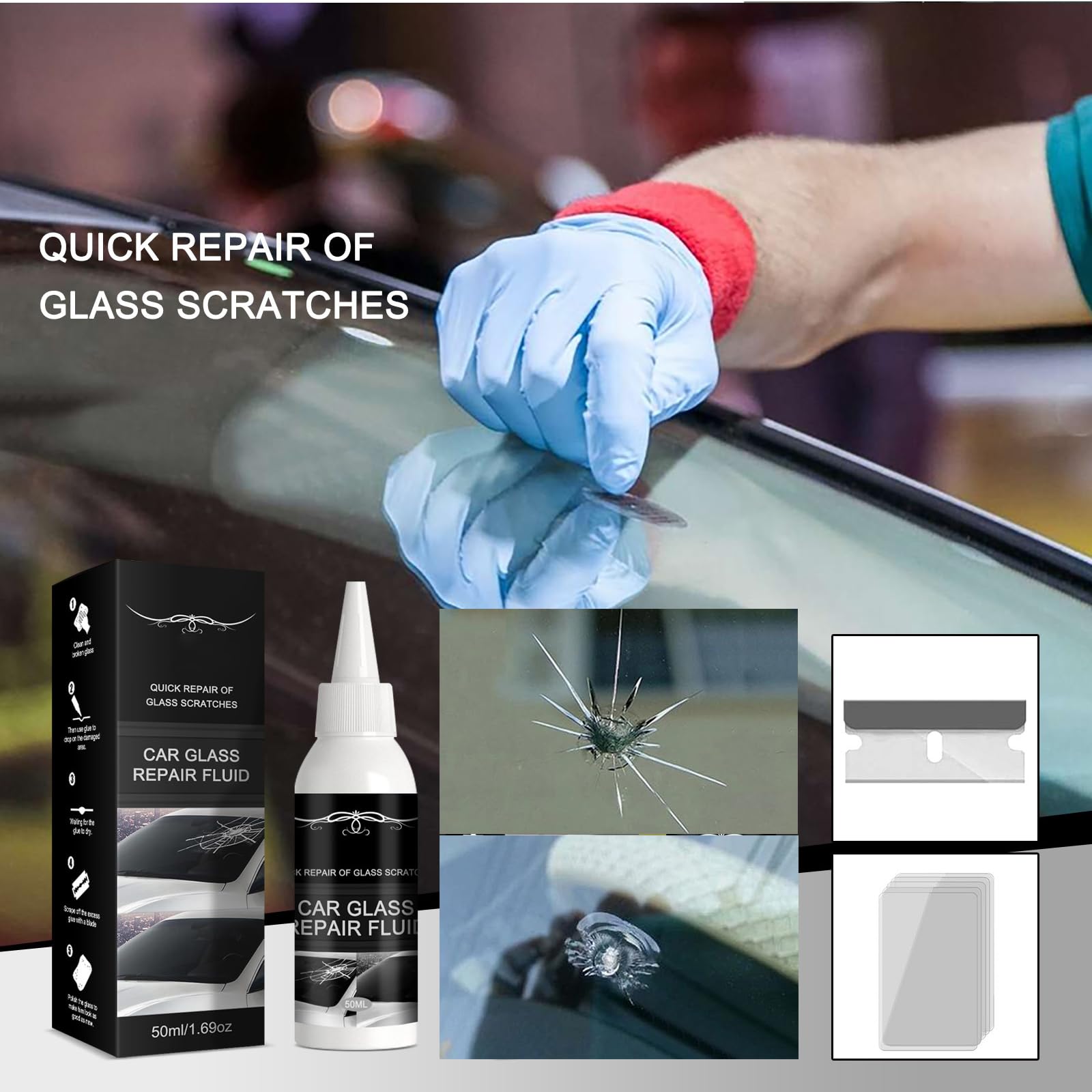 Liquido per la Riparazione Del Vetro,Kit Riparazione Parabrezza Auto,Colla per la Riparazione Fai Da Te per Auto,Liquido per Riparazione Vetri Auto,Kit Riparazione Crepe Vetro,2PC