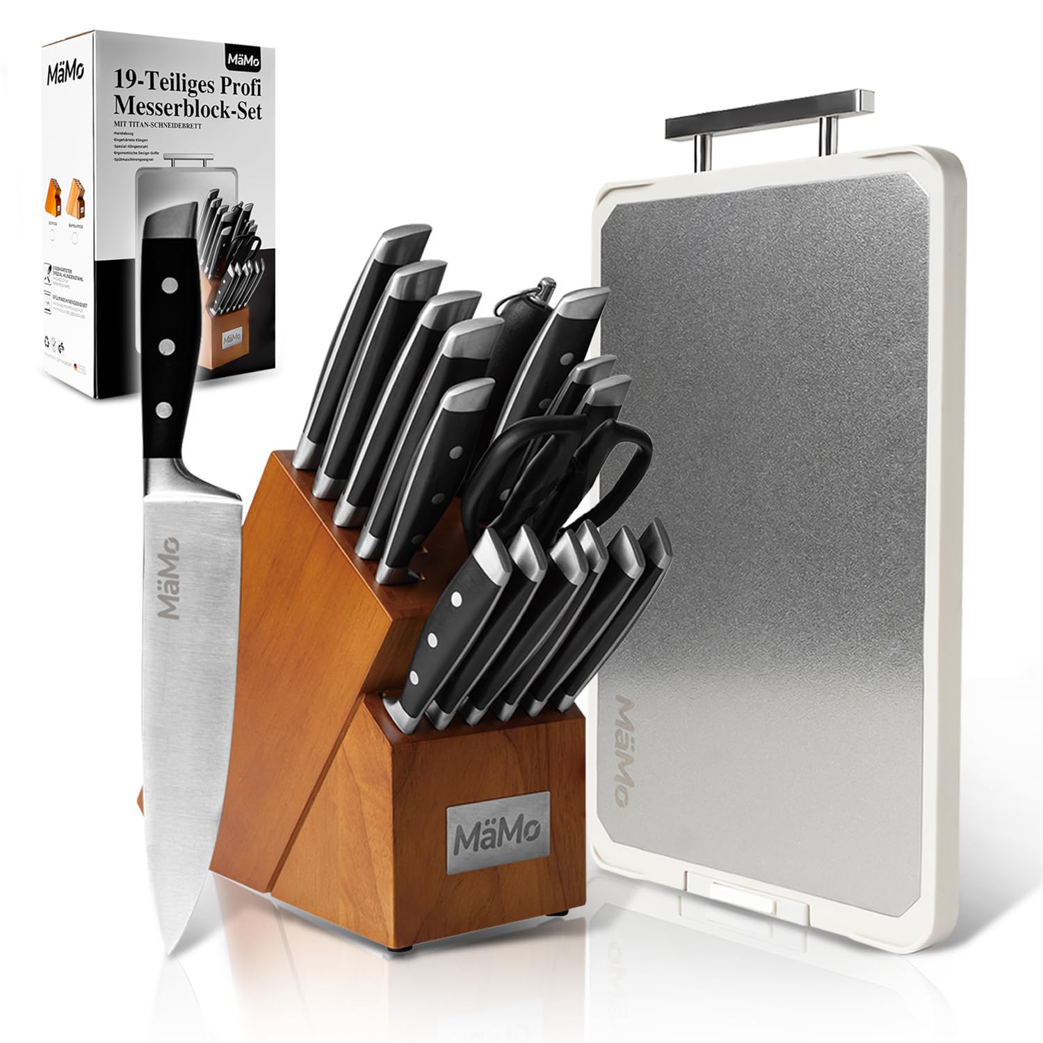 Set di 19 coltelli con ceppo e tagliere in titanio, set di coltelli da cucina professionali in acciaio inox con coltello da cuoco, coltello Santoku, 6 coltelli da bistecca, acciaio affilato, forbici