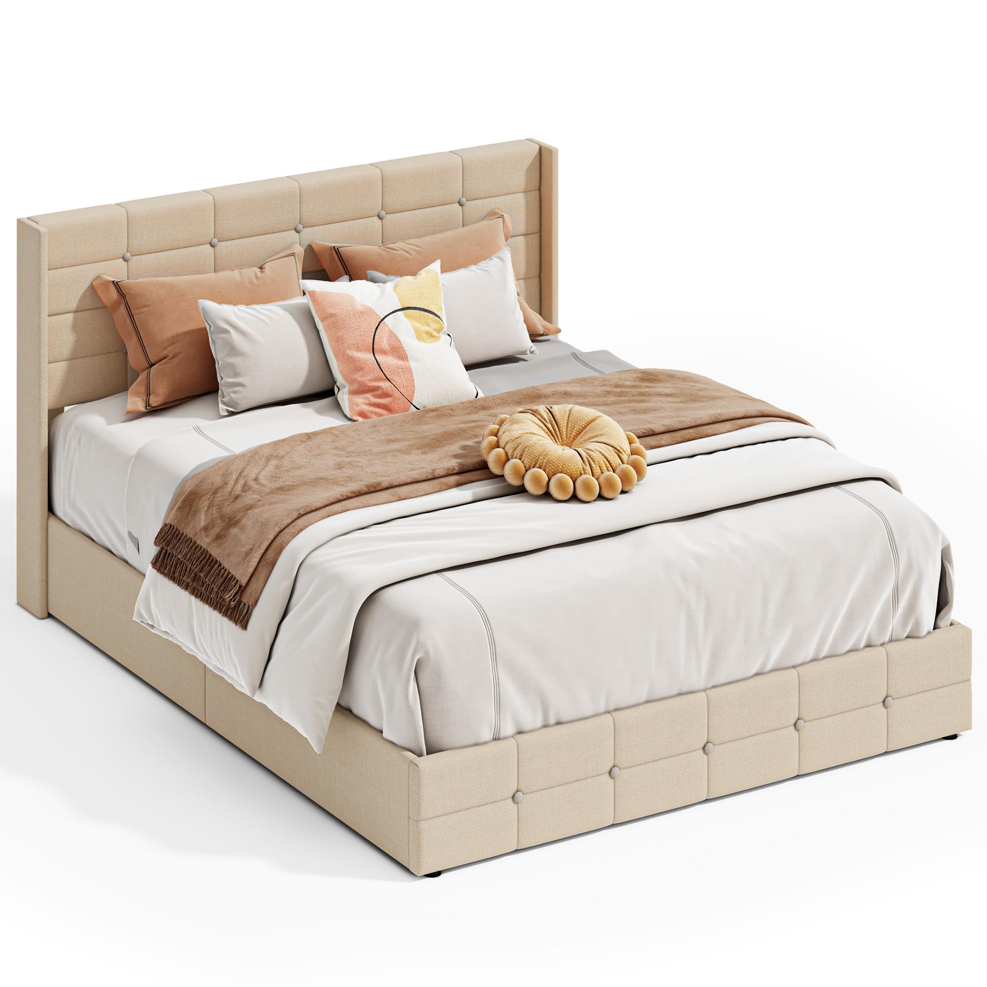 Lit Coffre 160x200 cm, lit Hydraulique avec Étagères Ouvertes et Rangement Caché en Tête de Lit Capitonné, Cadre de Lit, Sommier à Lattes, sans Matelas, (Beige, 160x200cm)