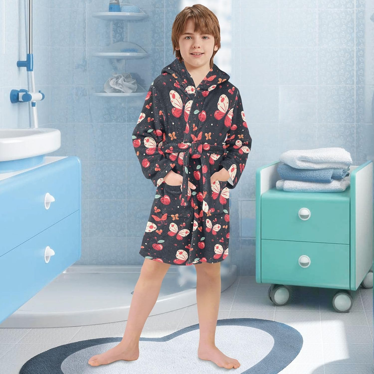 senya Cherry Butterflies Fruit Toddler Hooded Bathrobe Kids Soft Plush Bath Towel Robes for Boys Girls 2-12 Years