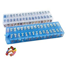 XL Twice-a-Day Monthly Pill Box Planner Set, 31 Day AM & PM Medication Organizer, Separate AM and PM Cases with Extra Compartment (XL - 31 Day AM/PM - Clear/Blue)
