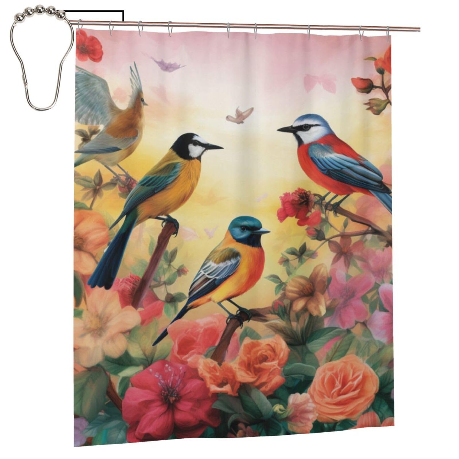 BWWHCCTI Birds and flower Printed Shower Curtain With 12 Iron Hooks Opaque Quick Drying Waterproof Shower Curtains Sets For Bathroom 152x183 Cm