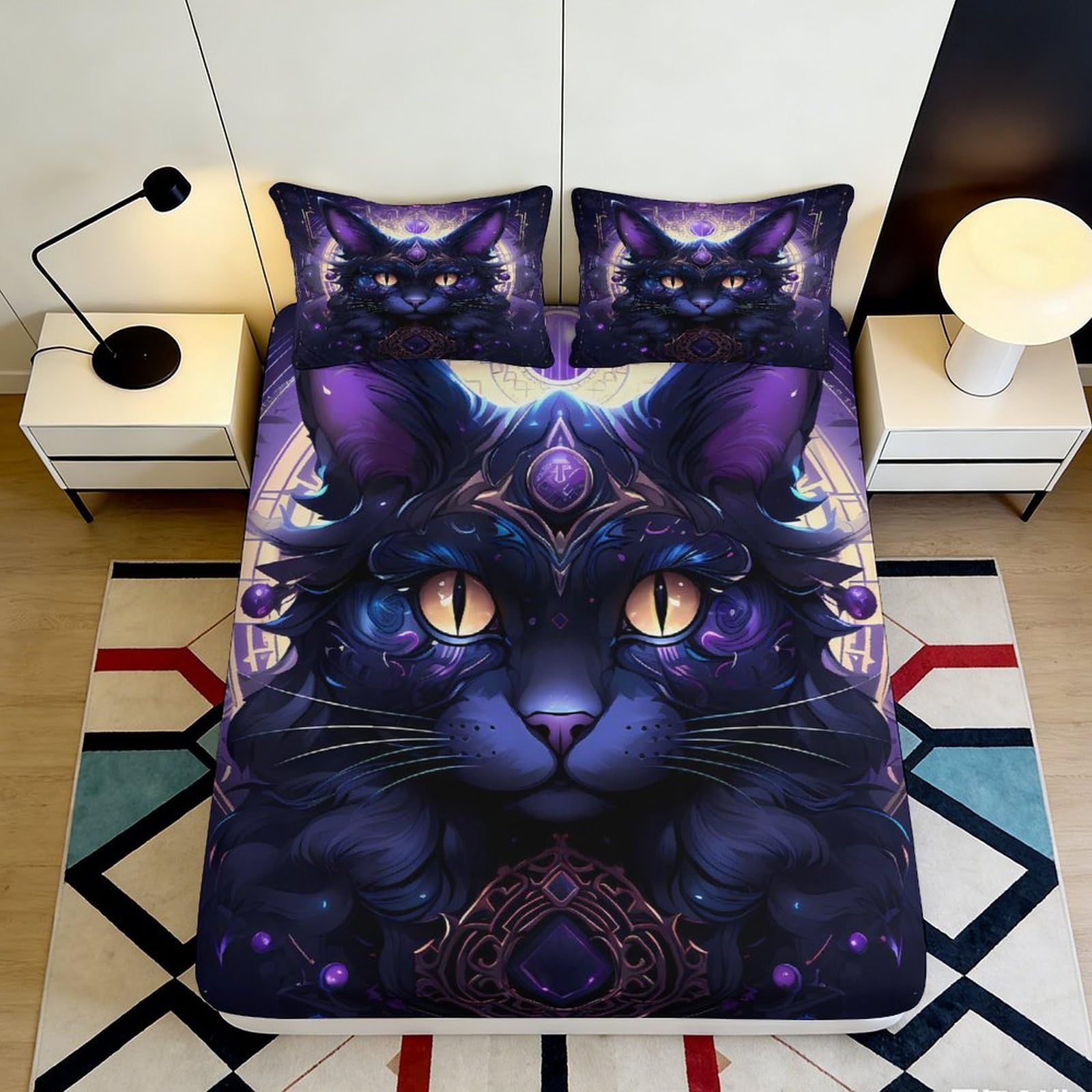 3D Printed Mystic Black Cat Fitted Sheet Microfiber Soft Non-Slip Cosmic Purple Mattress Cover for Bedroom Dorm Rental 90x200x25cm