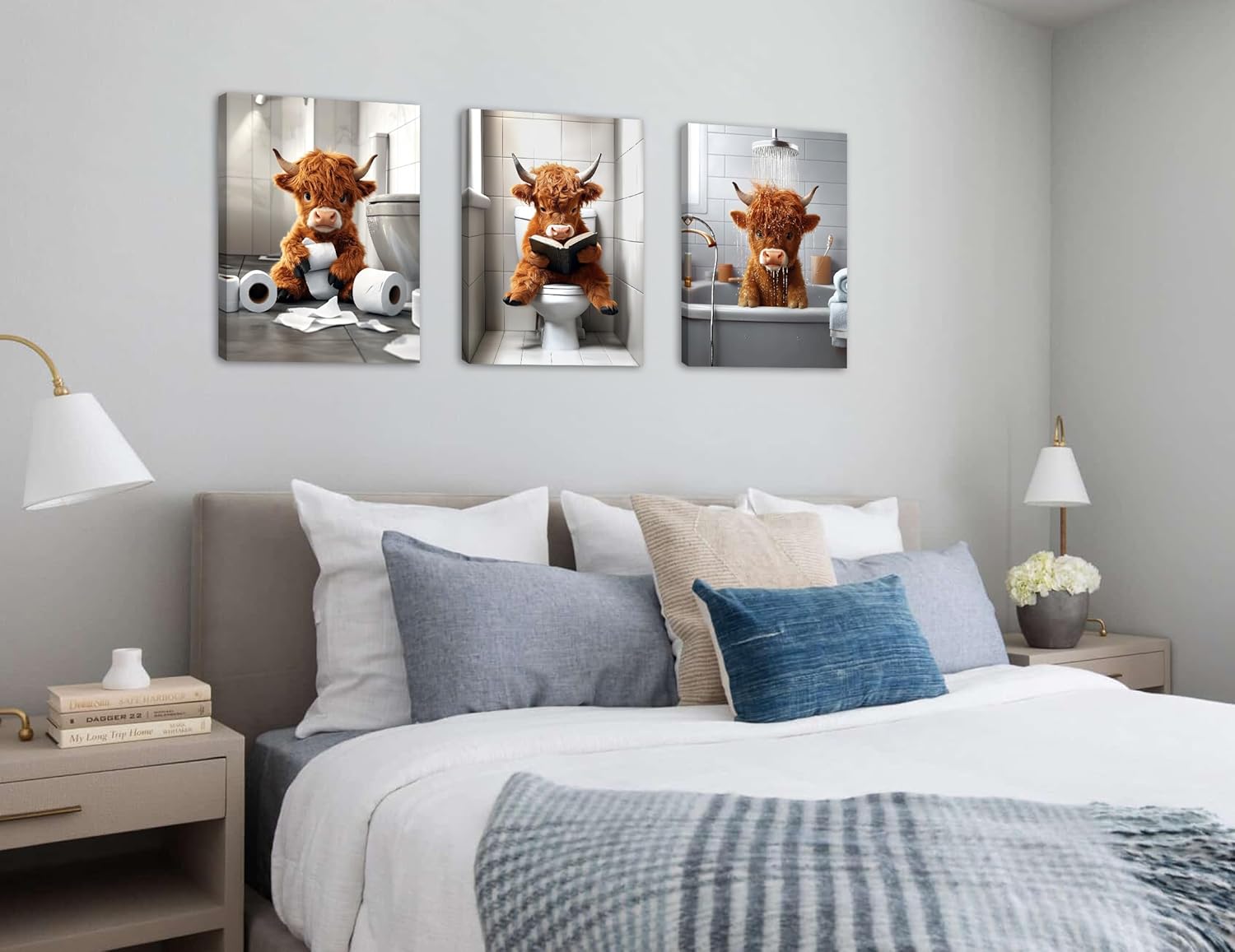 DJSYLIFE Funny Highland Cow Bathroom Wall Art Farmhouse Decor Canvas Printed Brown Cute Cow Pictures Wall Decor Modern Western Rustic Painting Artwork Decorations for Bathroom Restroom 12"x16"x3