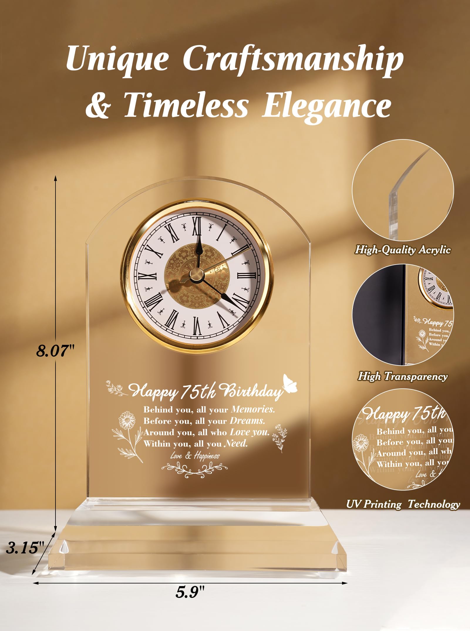 DEEWISH Reloj de escritorio de cuarzo para regalo de 75 cumpleaños, elegante decoración para el hogar, para padres, abuelos, amigos, mamá, papá, decoración de cumpleaños de 75 años para mujeres y