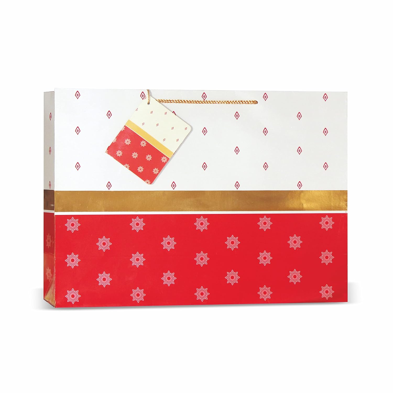 VESTTA -ELEGANCE REDEFINED Gift Paper bag with Golden Border, Large, 14 (L) x 4.5 (B) x 10 (H) Inches, Pack of 10, Gloss Finish, Weddings, Diwali, Birthdays, Christmas with Gift Tag (Red)