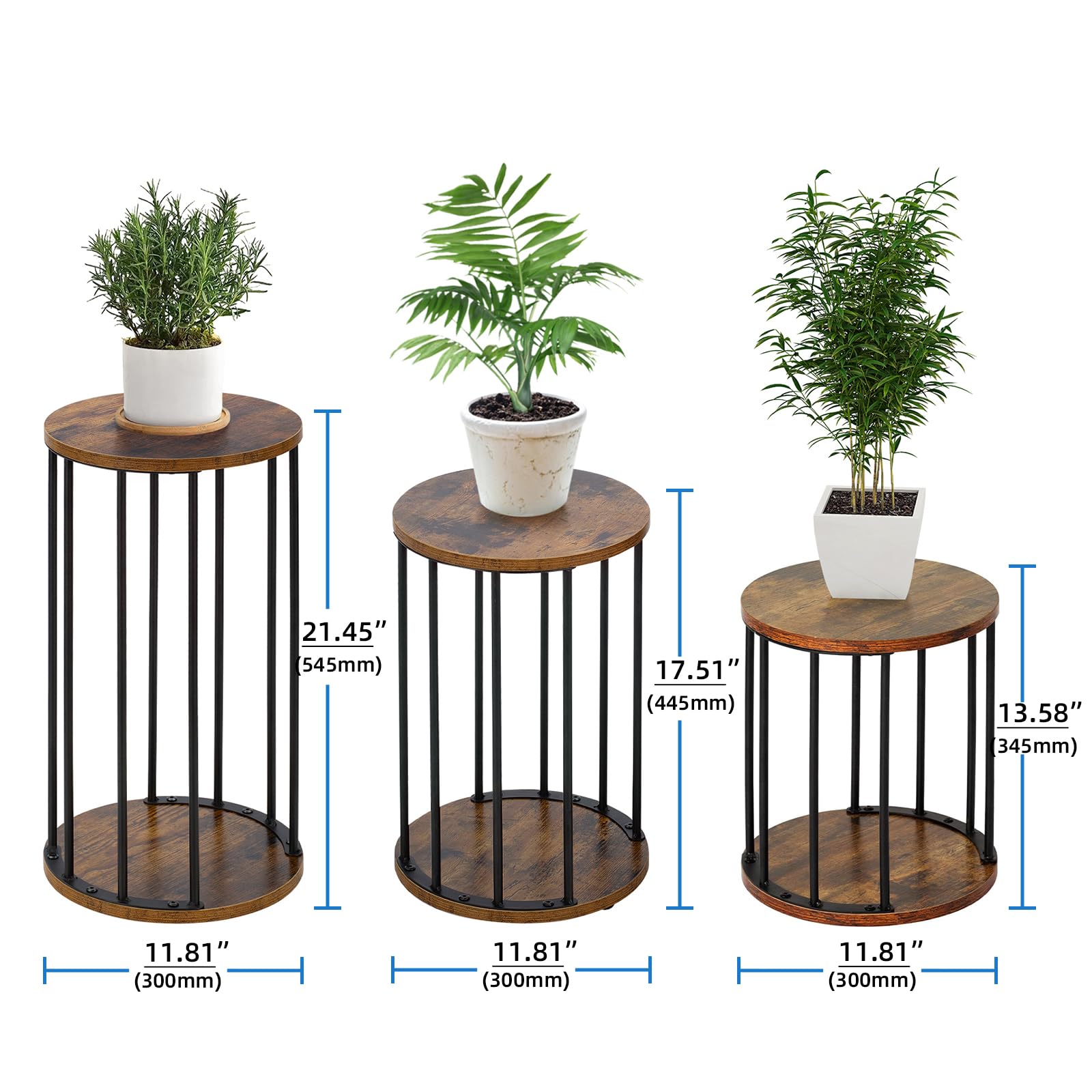 HDANI 3er-Set Rund Pflanzenständer Metall 35/45/55cm,Solider und Robuster Blumenständer für Wohnzimmer, Garten,Balkon, Blumenhocker Holzfür,Vintagebraun-Schwarz